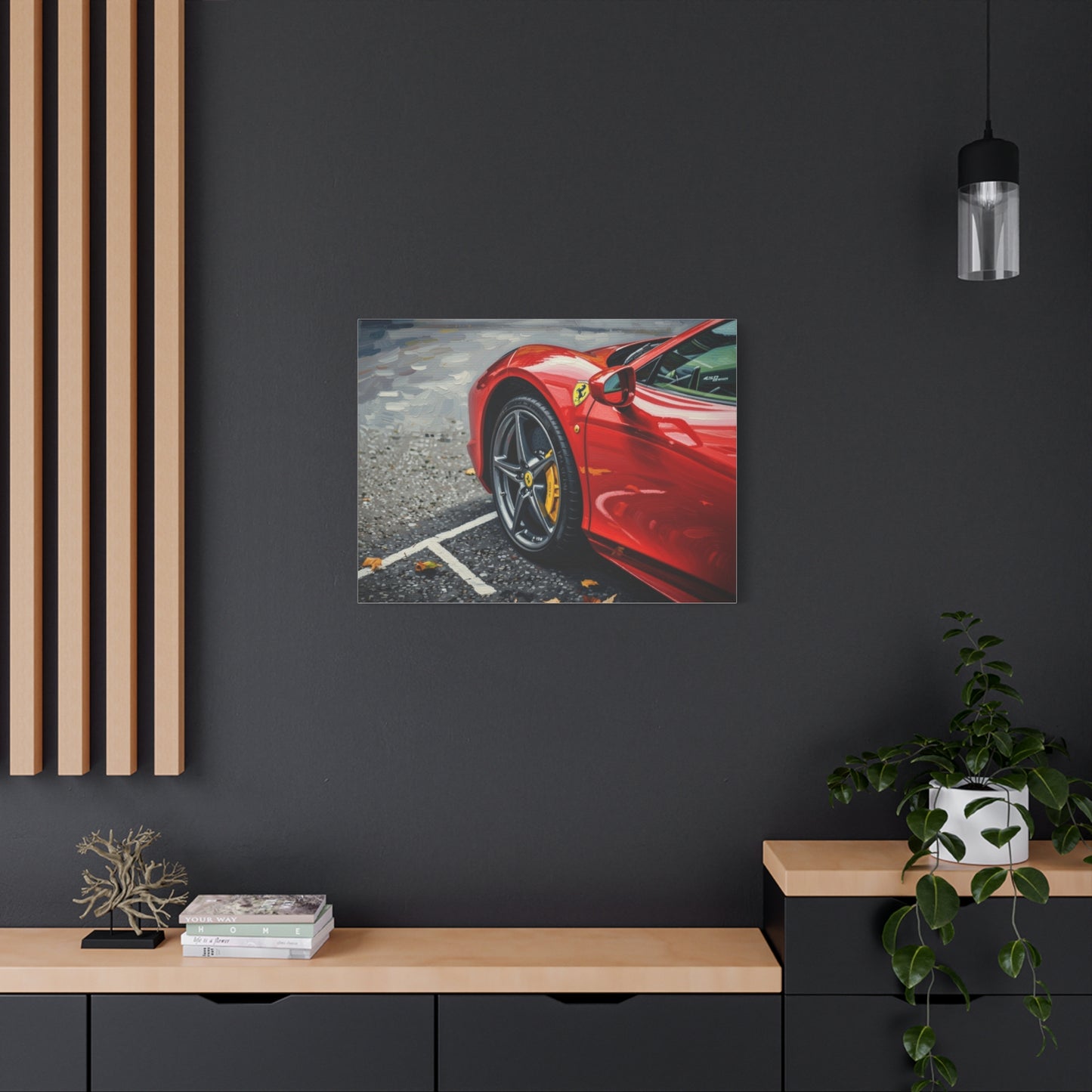 Red Sports Car Canvas Print — Ferrari Wheel Close-Up Matte Stretched Wall Art