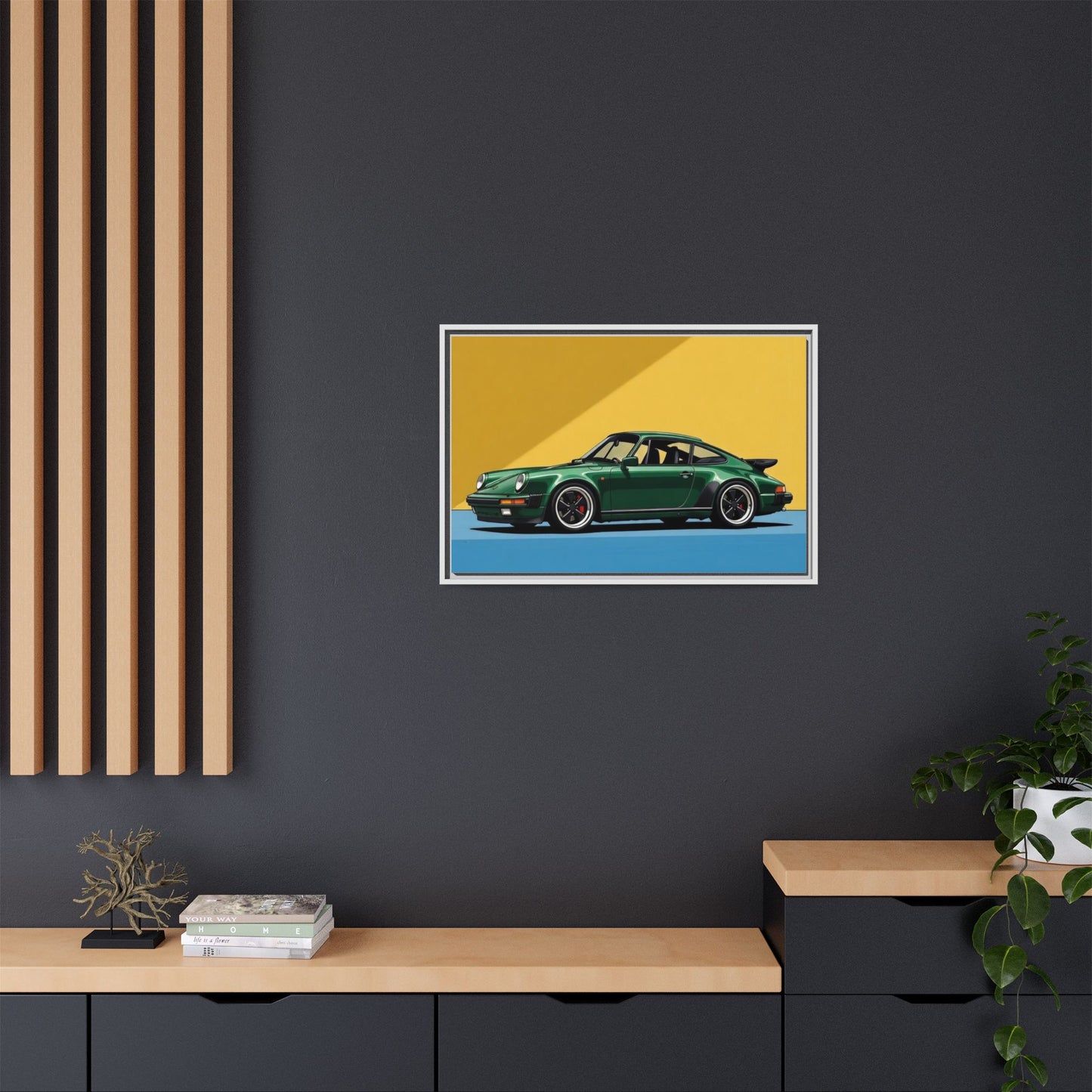 Framed Matte Canvas — Green Sports Car Wall Art