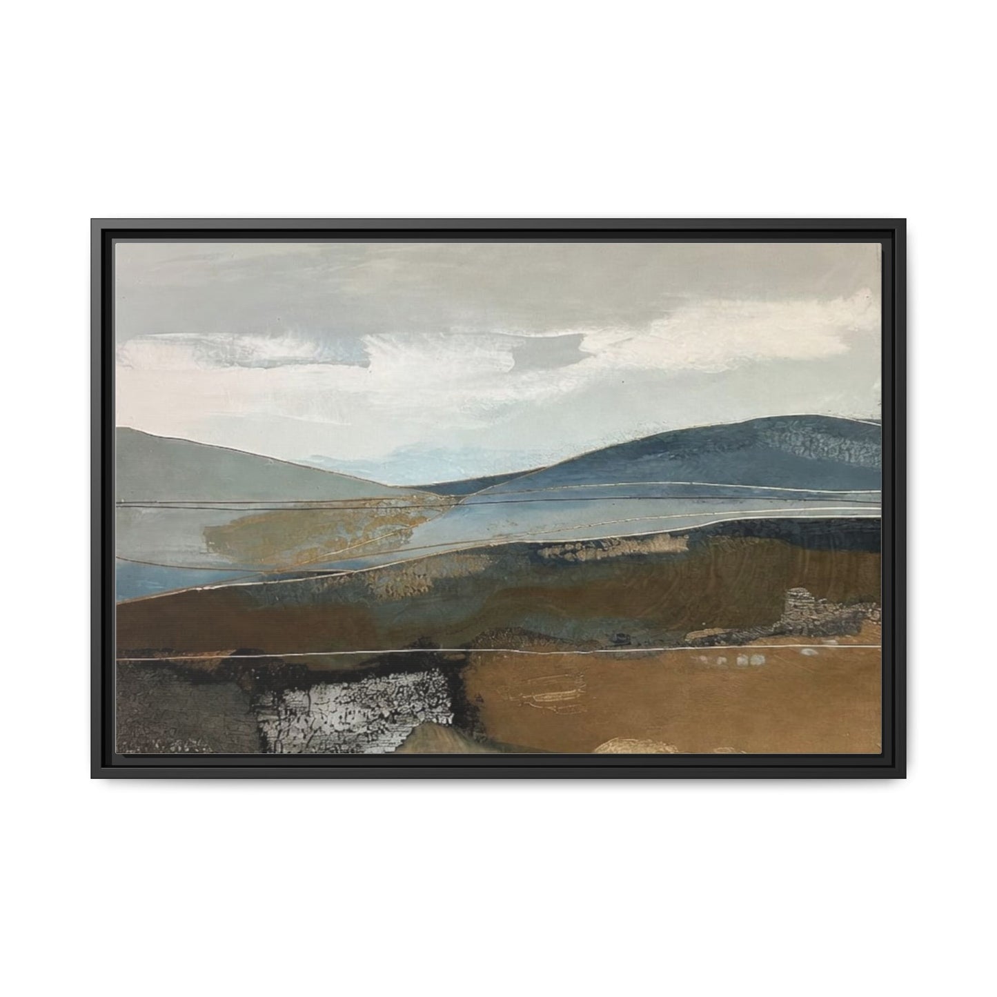 Framed Matte Canvas Landscape Art - Serene Abstract Hills in Blue & Earth Tones