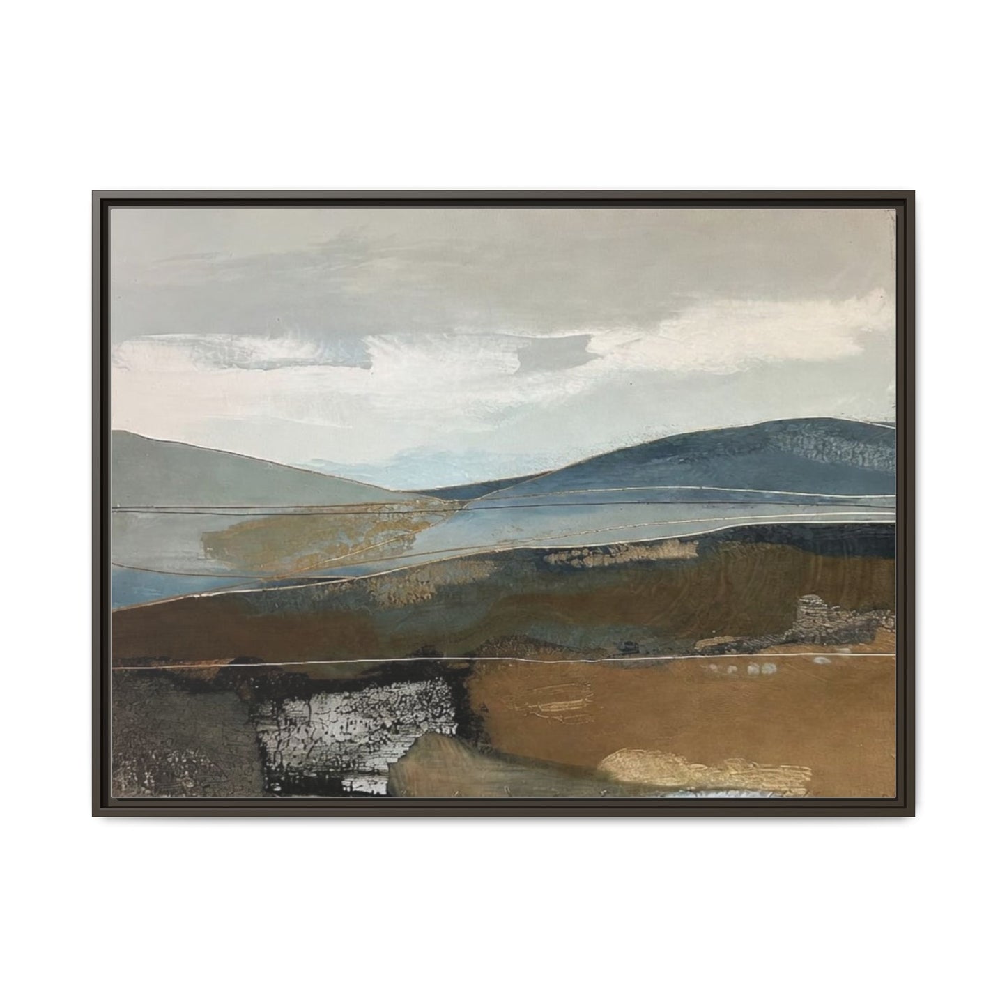 Framed Matte Canvas Landscape Art - Serene Abstract Hills in Blue & Earth Tones