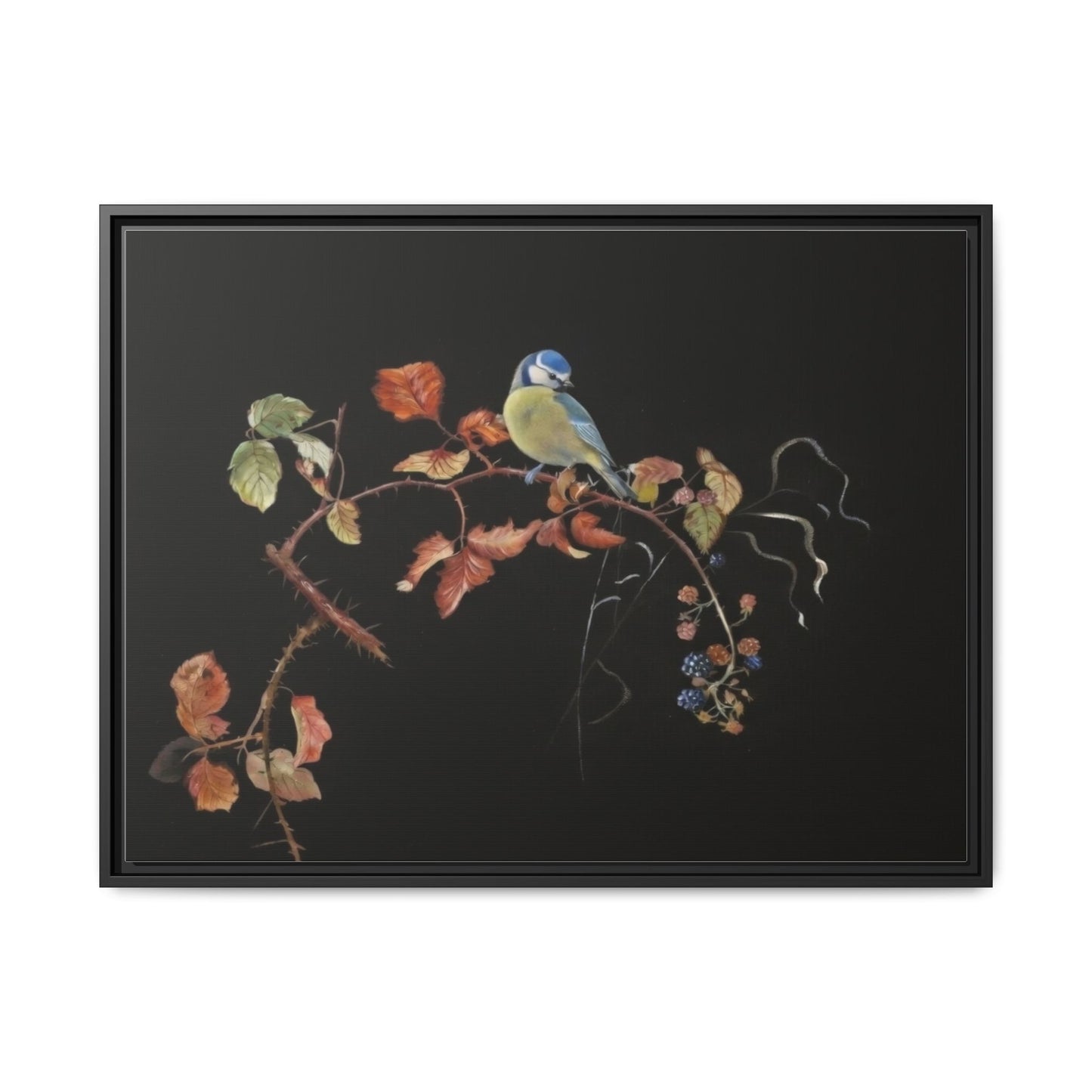Framed Matte Canvas - Blue Tit on Autumn Branch Wall Art