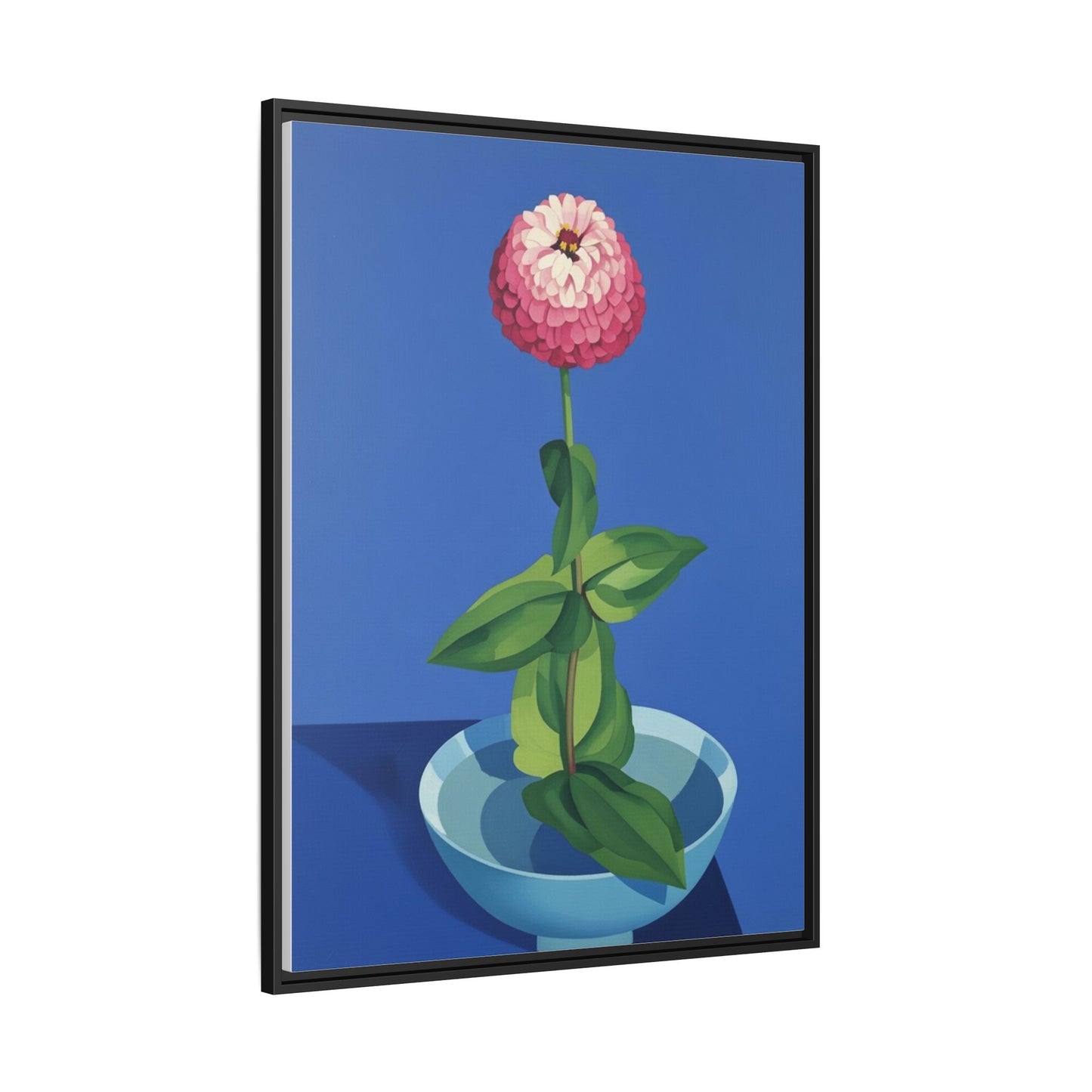Framed Matte Canvas Art — Pink Zinnia in Blue Bowl (Botanical Still Life)