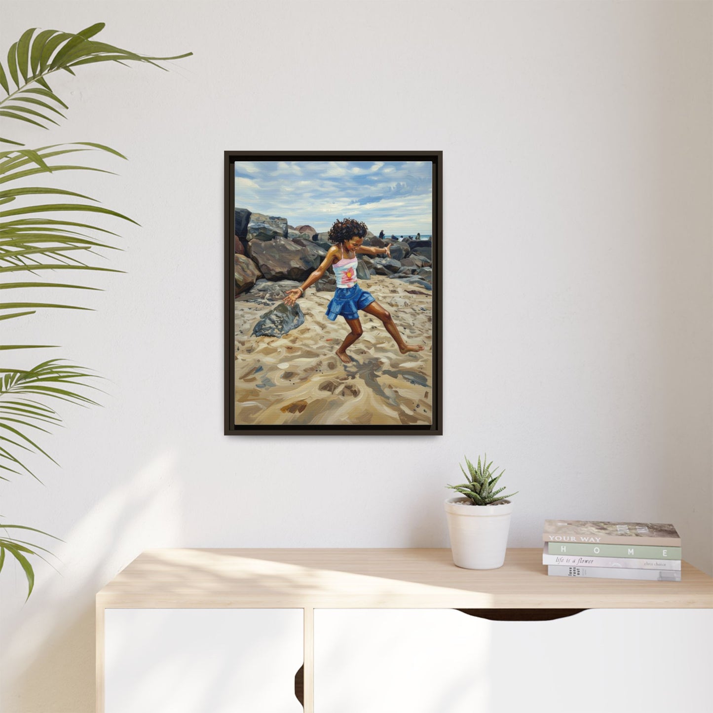 Framed Canvas Art - Girl Dancing on the Beach (Matte Multi-Color)