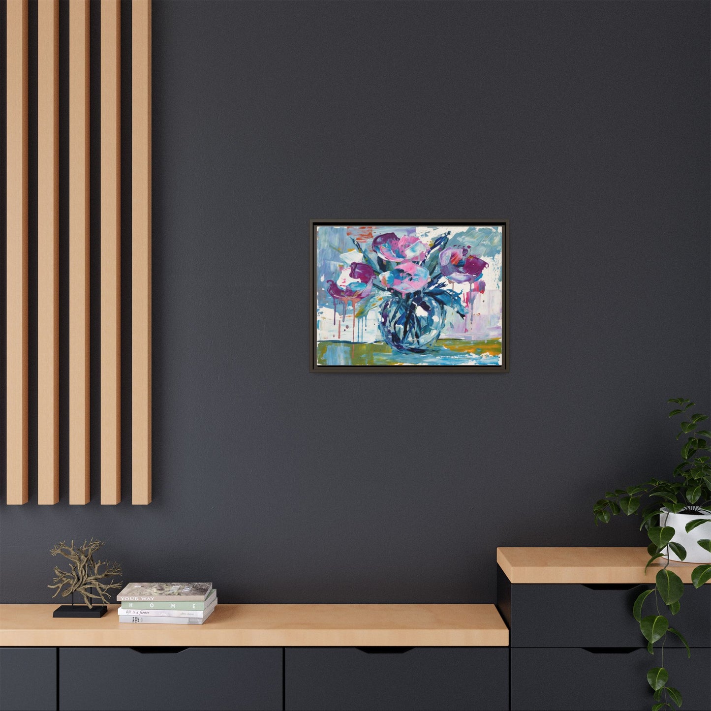 Framed Floral Canvas Art — Abstract Pink & Blue Bouquet