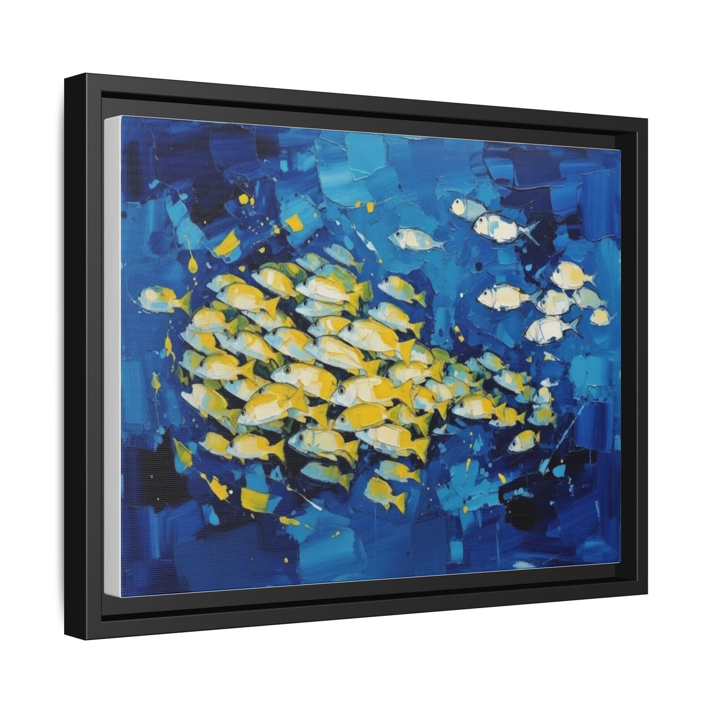 Framed Matte Canvas: Blue School of Fish Wall Art
