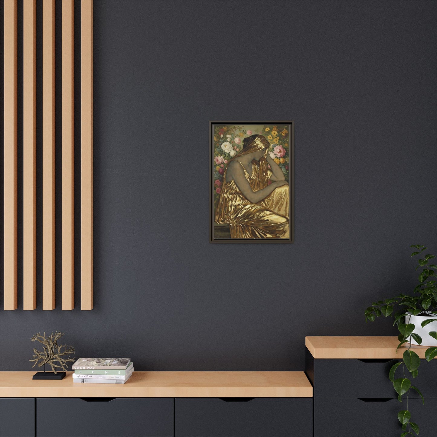 Framed Canvas Art Print — Golden Muse Woman with Floral Background