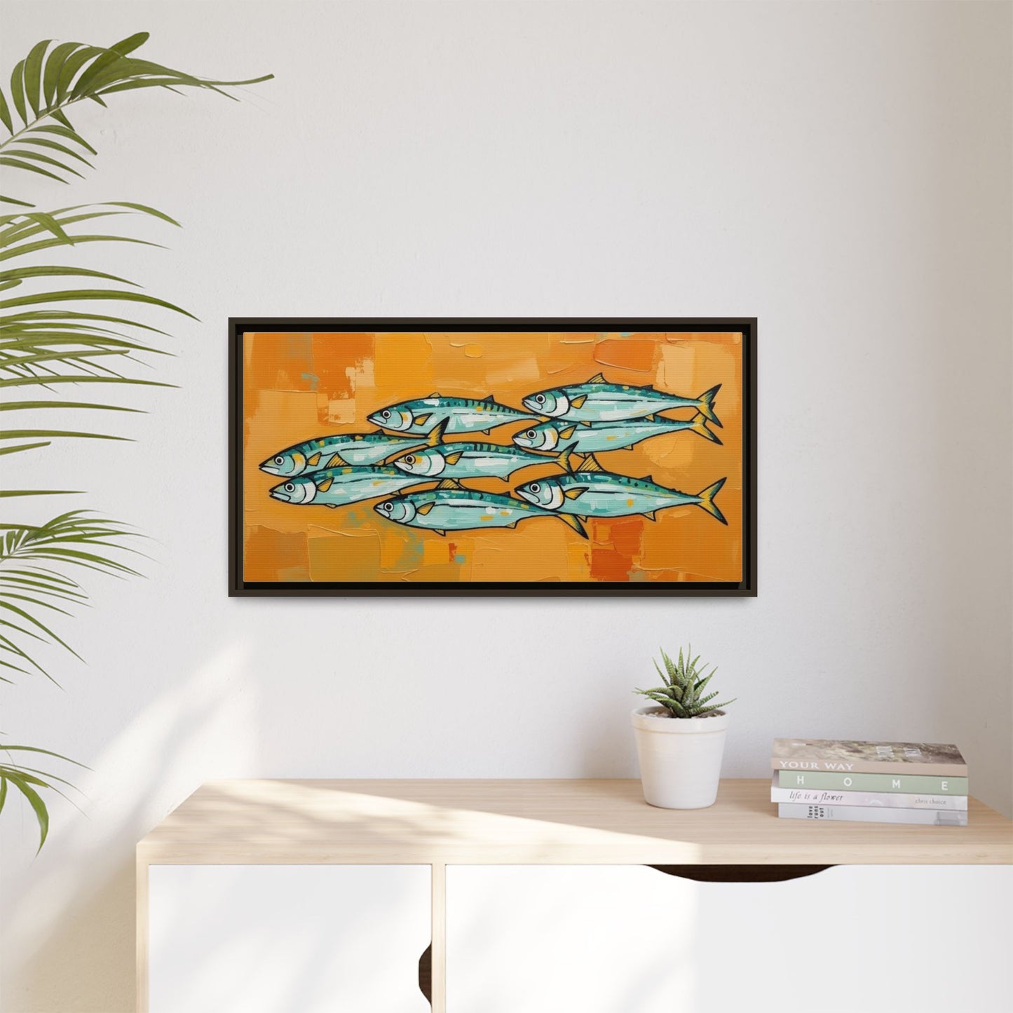 Framed Matte Canvas Print — School of Blue Fish on Orange Abstract Background