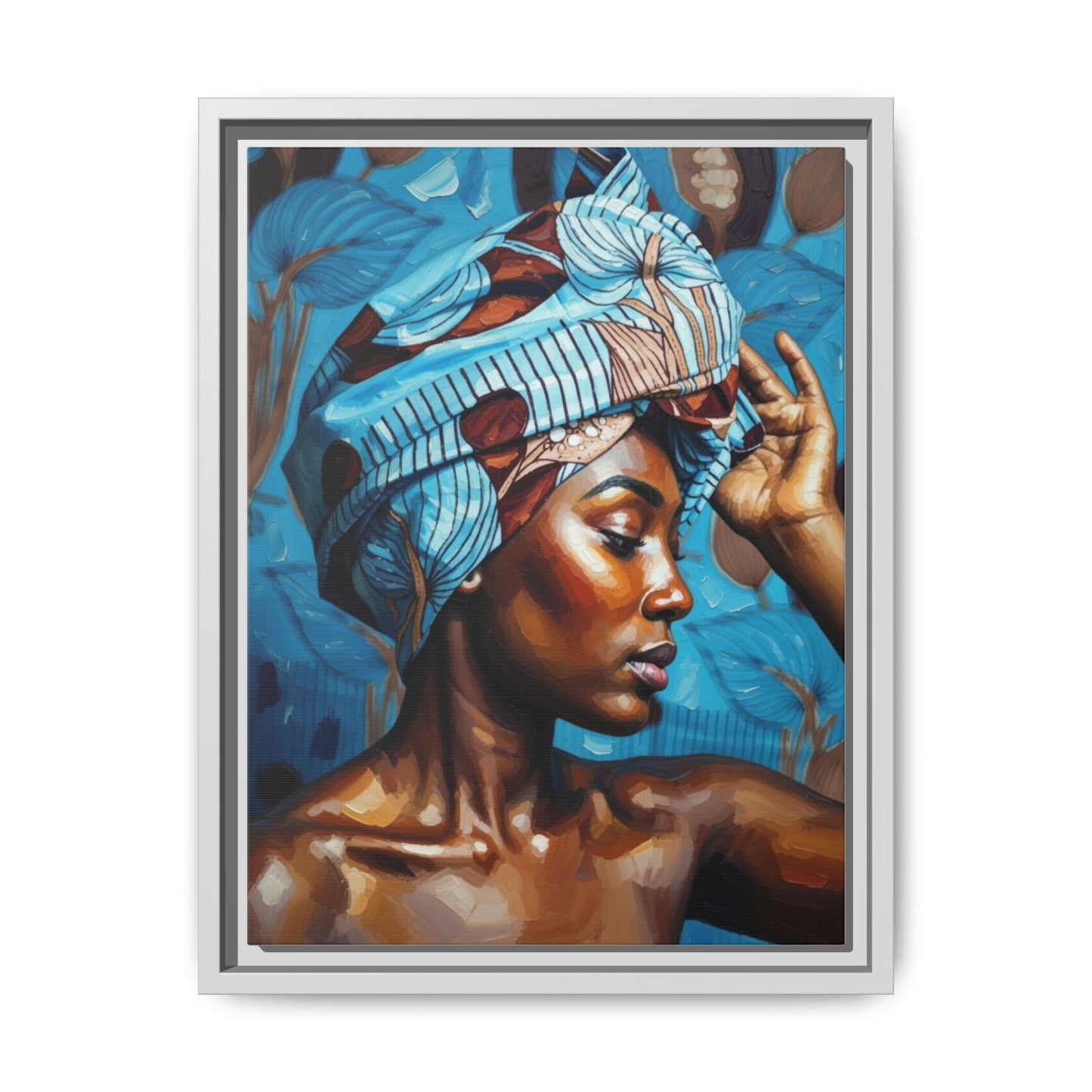 Framed Canvas Art — Portrait of Woman in Blue Headwrap