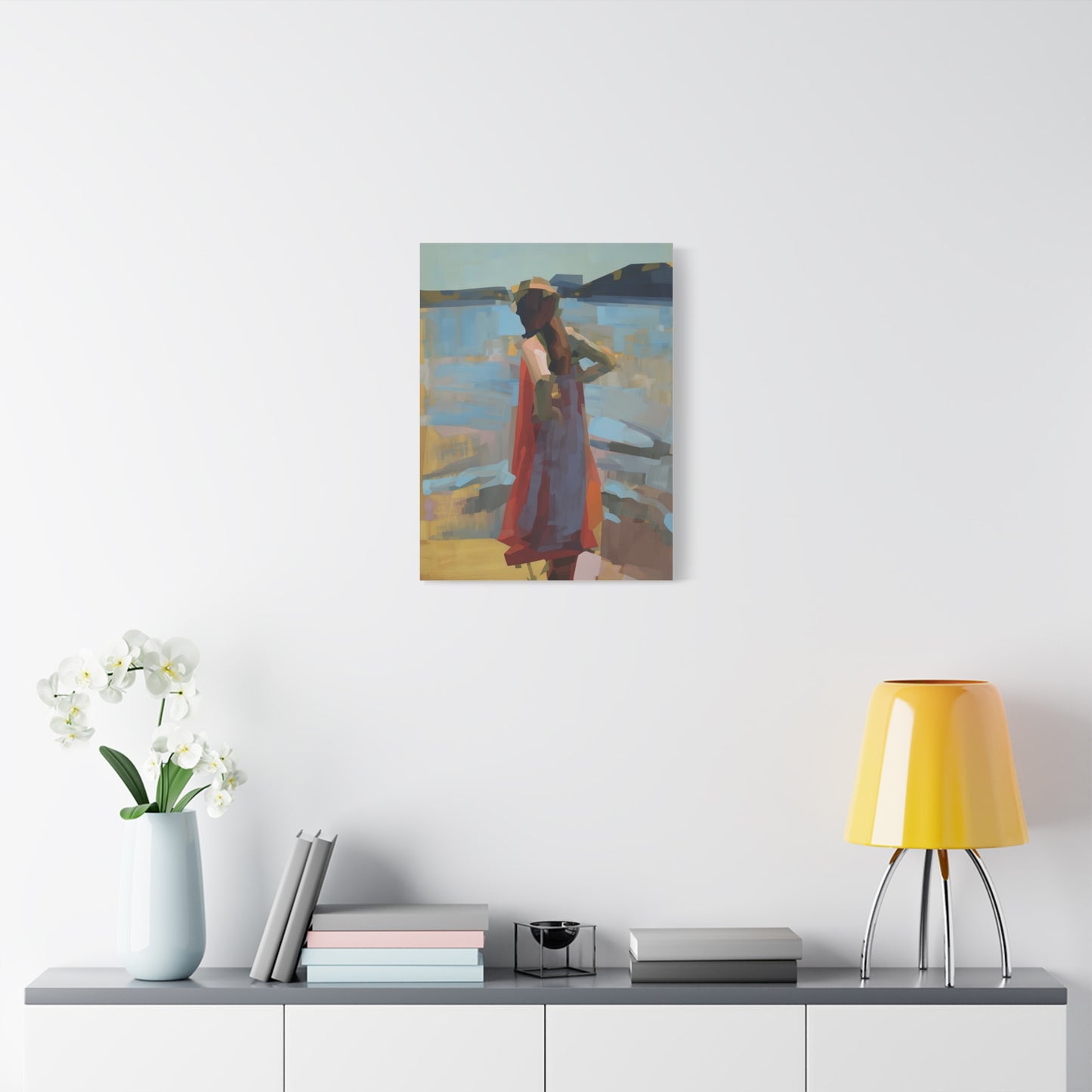 Coastal Stroll Matte Canvas Print — Abstract Woman in Red Dress, Stretched 1.25"