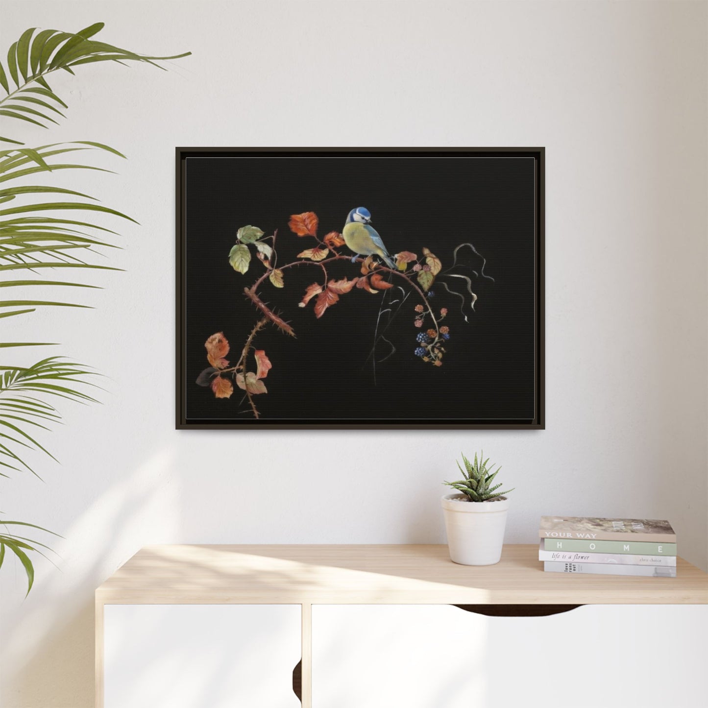 Framed Matte Canvas - Blue Tit on Autumn Branch Wall Art