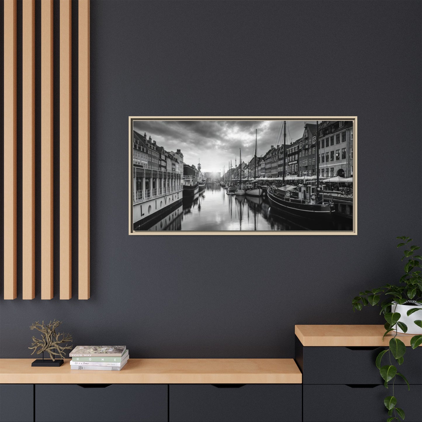 Framed Matte Canvas: Black & White Dutch Canal Photography Wall Art