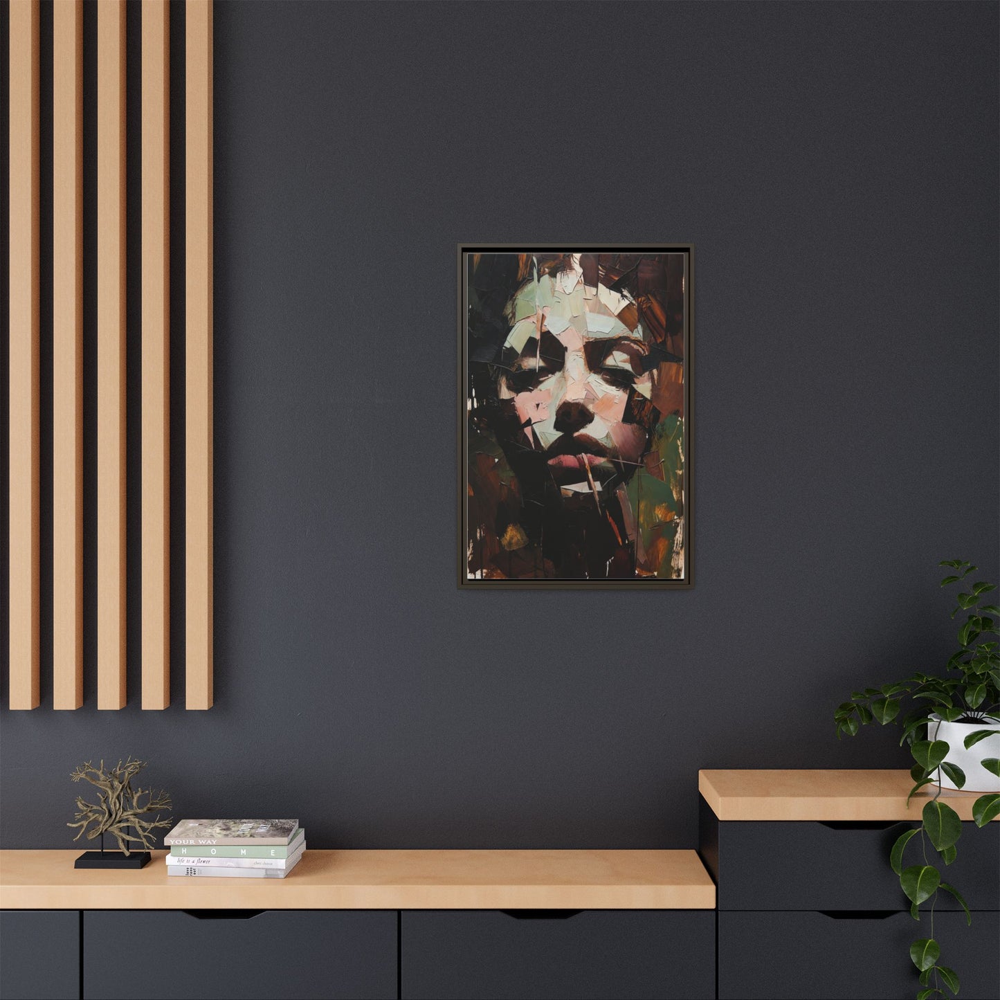 Matte Framed Canvas Art — Abstract Female Portrait, Moody Multicolor