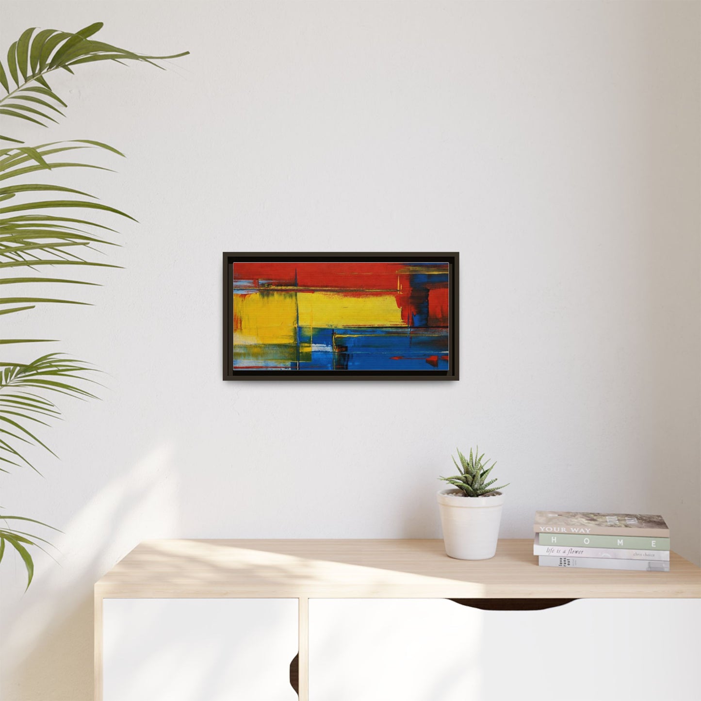 Abstract Color Block Matte Canvas Framed Wall Art — Modern Red Yellow Blue Painting