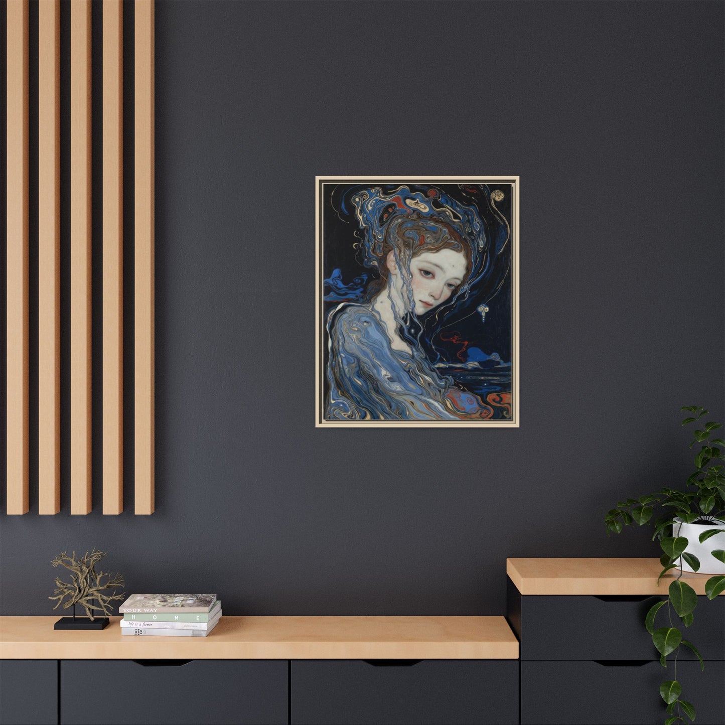 Framed Matte Canvas Art Print — Surreal Blue Maiden Portrait