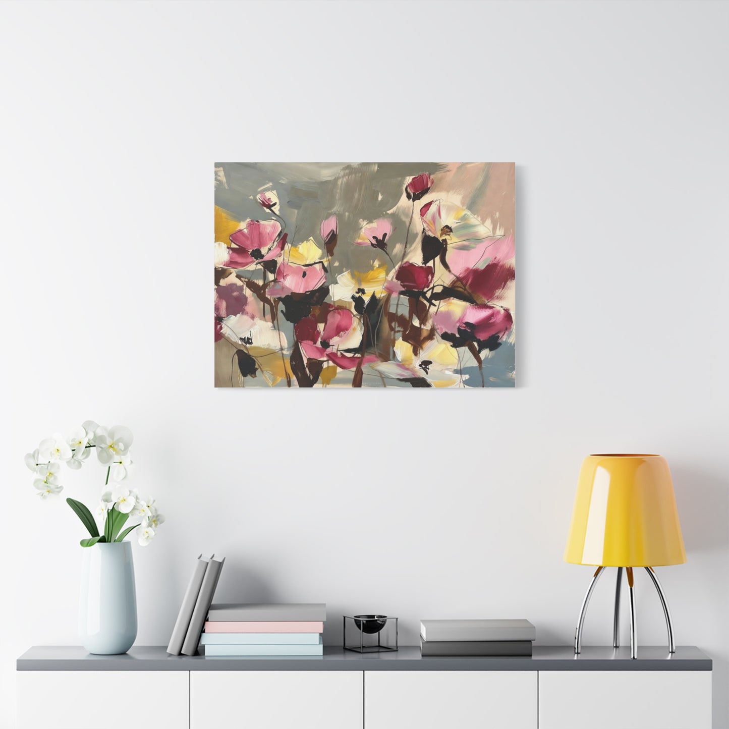Floral Abstract Canvas Wall Art — Pink & Yellow Bloom Stretched Matte Print