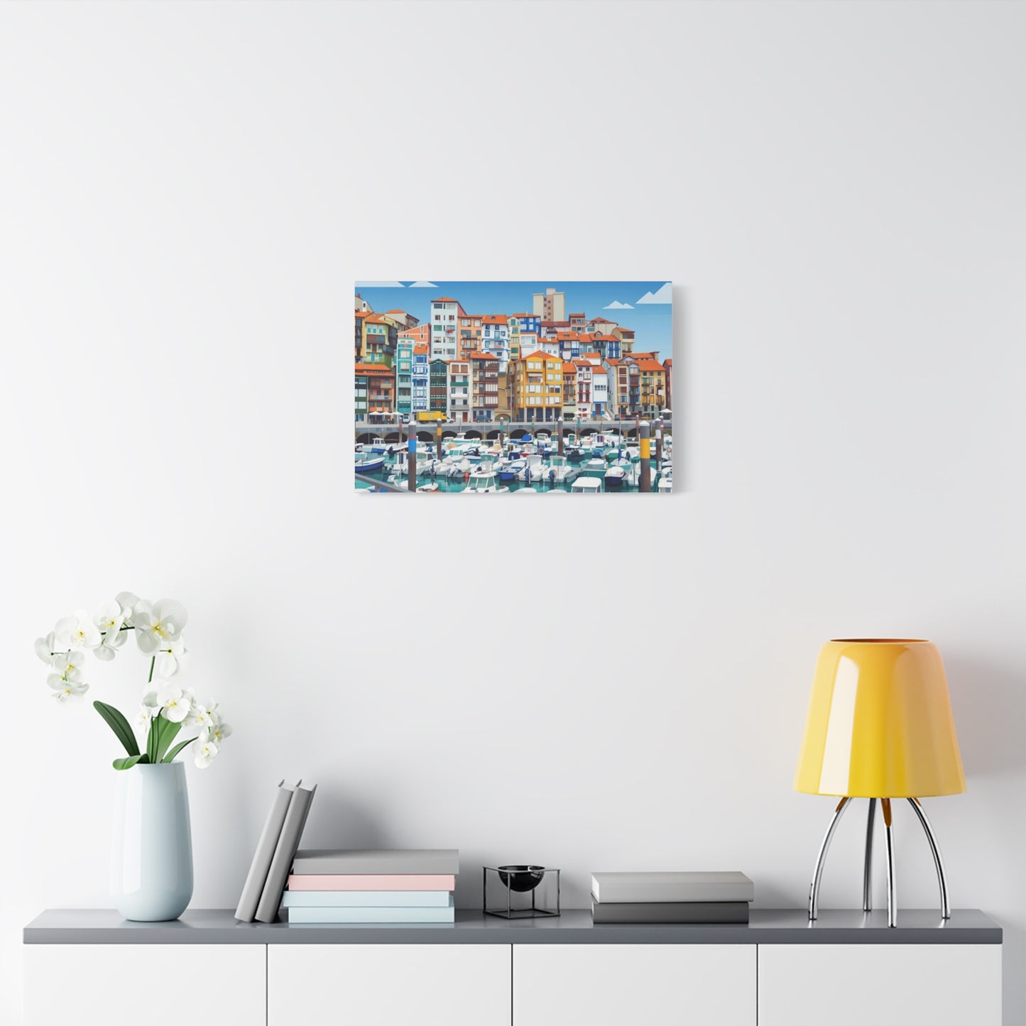 Colorful Coastal Harbor Matte Canvas Print — Stretched Wall Art