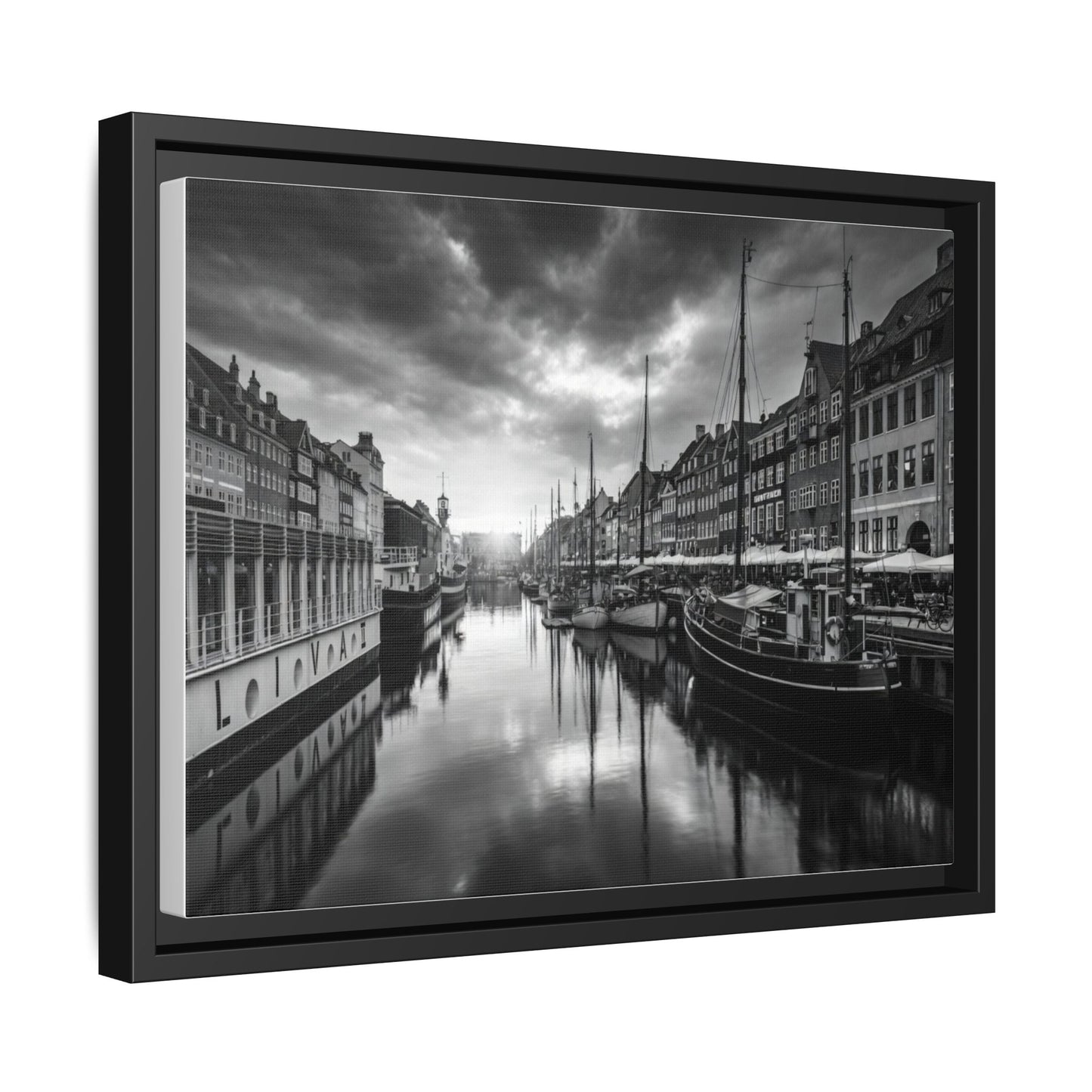 Framed Matte Canvas: Black & White Dutch Canal Photography Wall Art