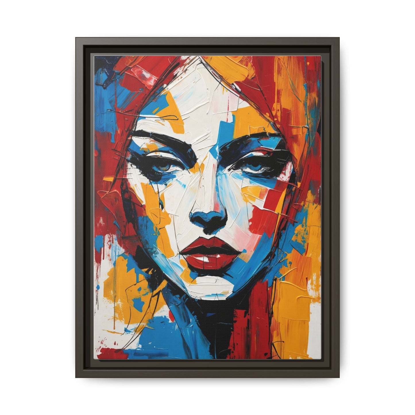 Framed Abstract Portrait Canvas — Colorful Female Face Wall Art