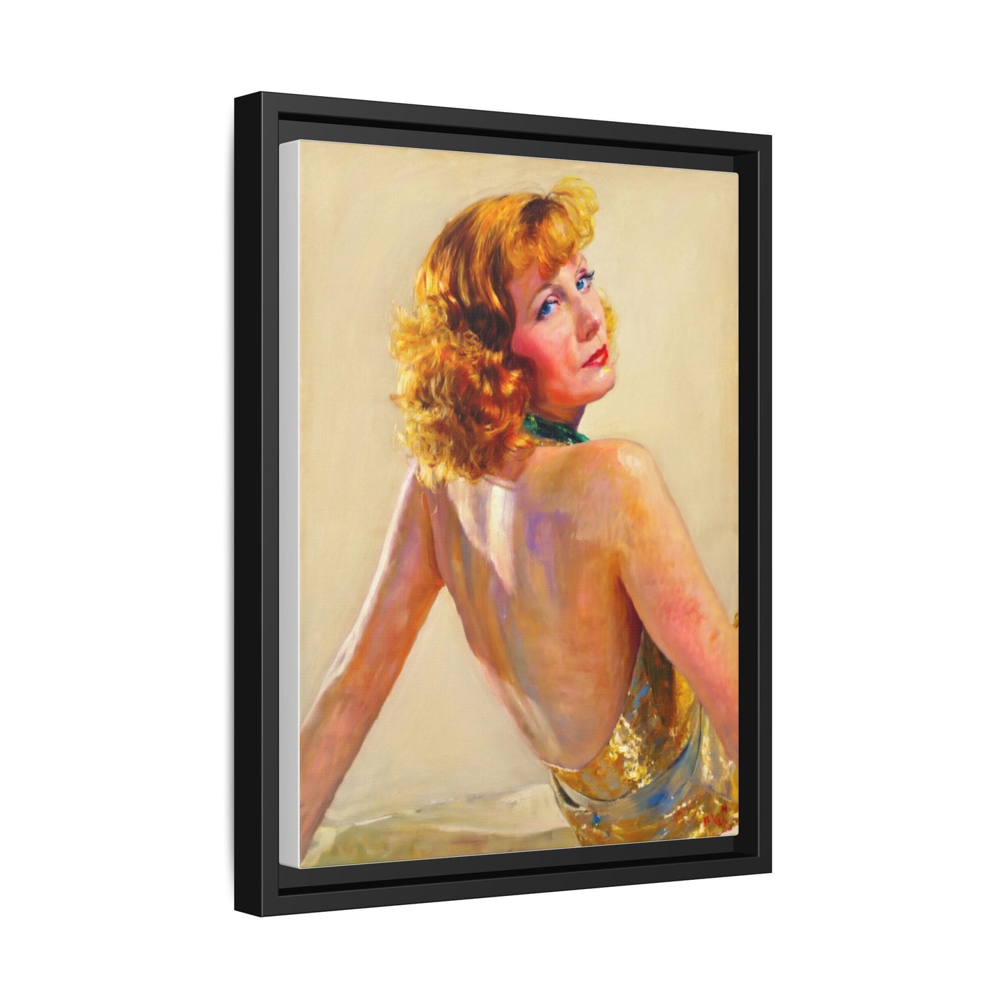 Framed Matte Canvas Print — Vintage Portrait of Redhead Greta Garbo in Gold Dress