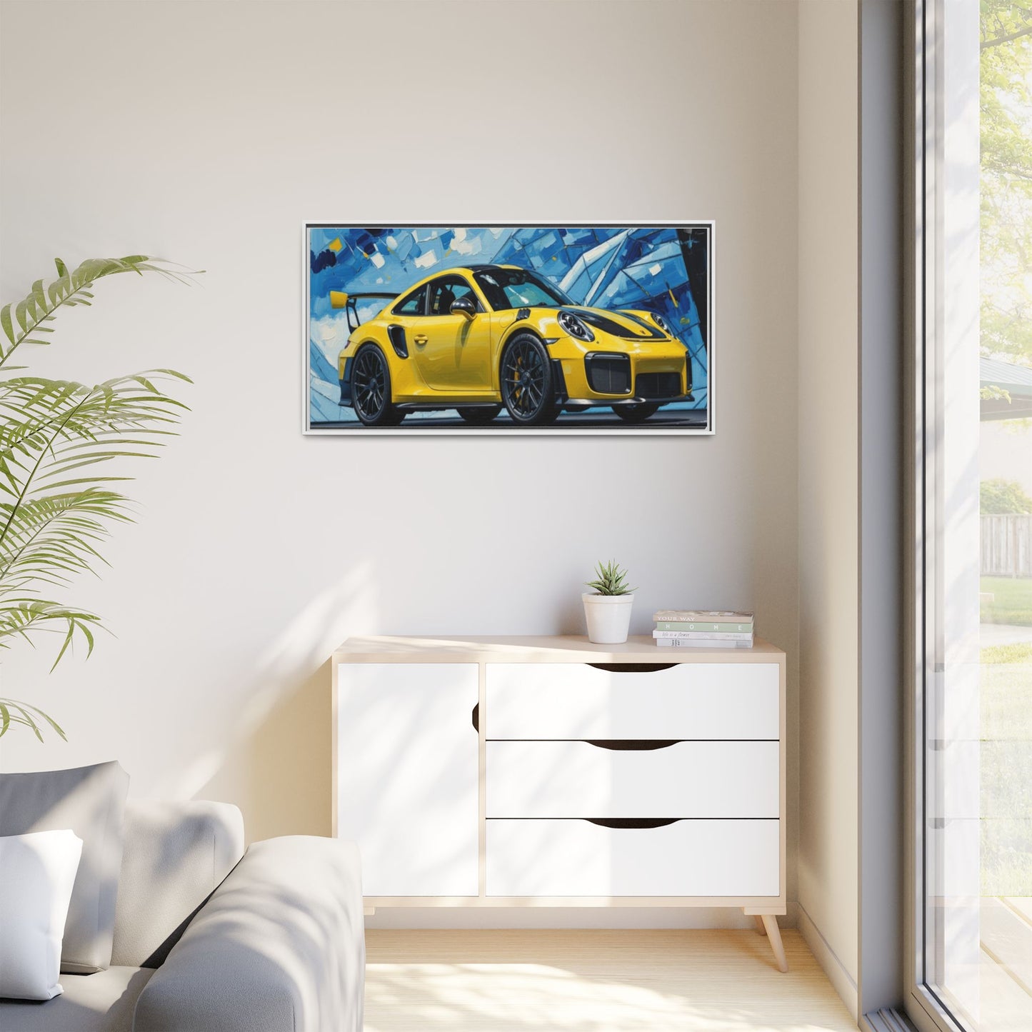 Yellow Porsche Sports Car Matte Framed Canvas – Modern Automotive Wall Art