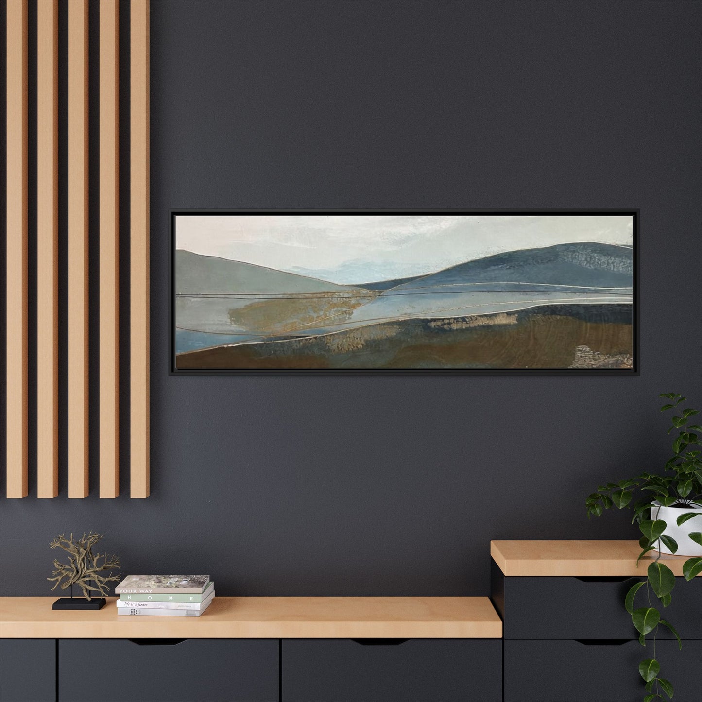Framed Matte Canvas Landscape Art - Serene Abstract Hills in Blue & Earth Tones
