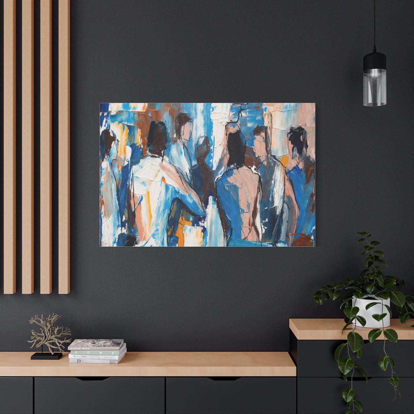 Abstract Figurative Canvas Art — Blue Social Scene Matte Stretched Canvas