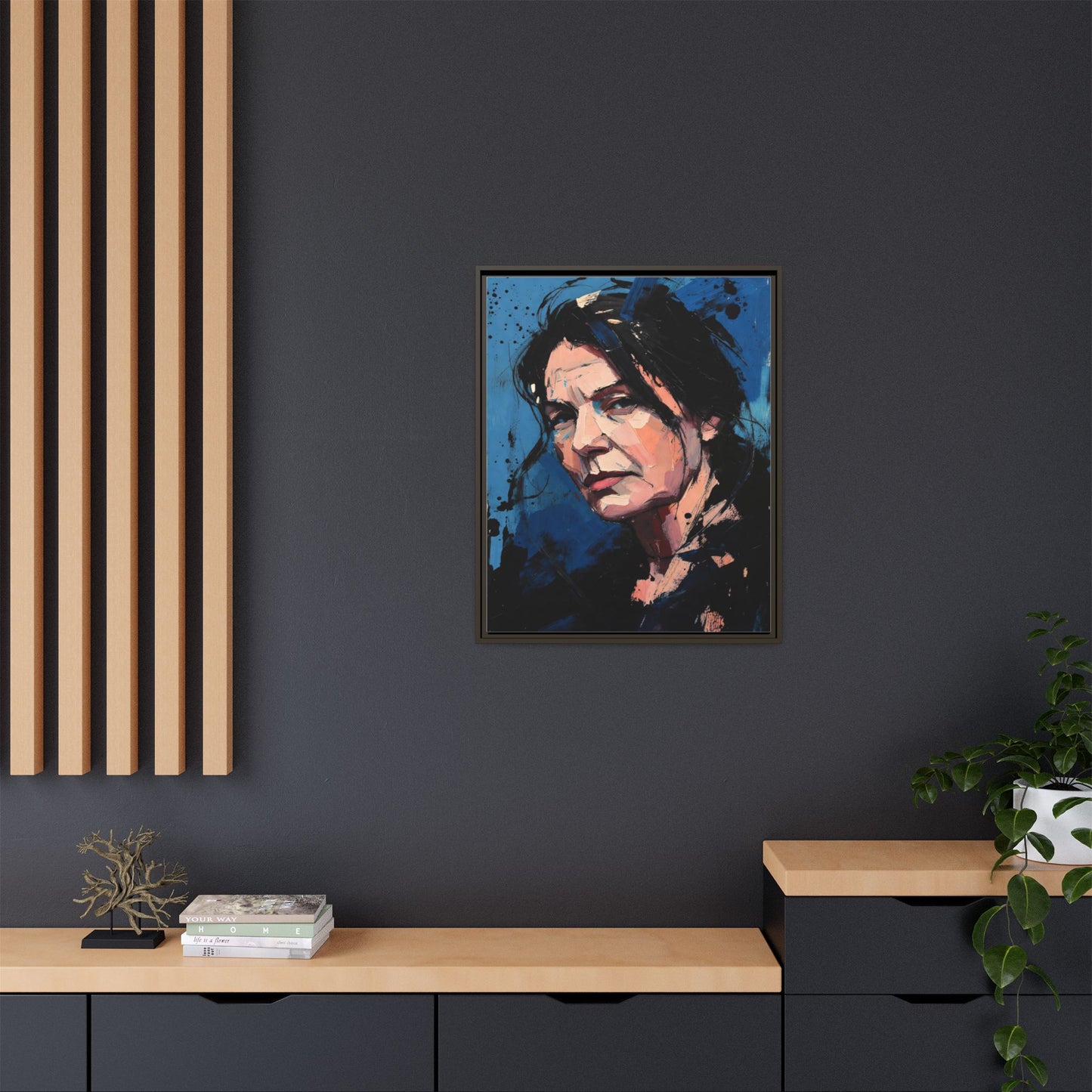 Framed Matte Canvas Portrait — Expressive Blue Painterly Woman Art