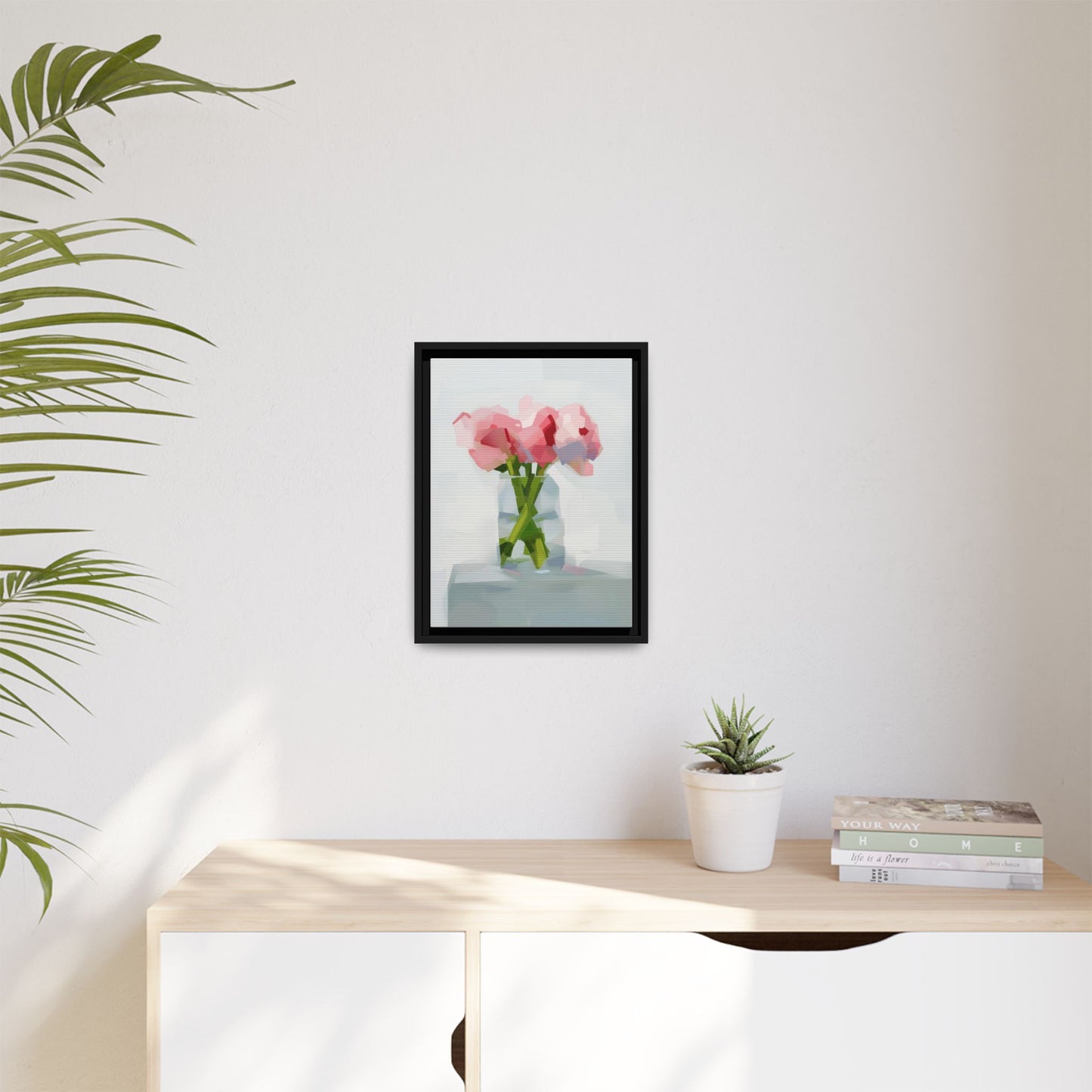 Framed Floral Canvas Art — Pink Peonies in Vase (Matte)