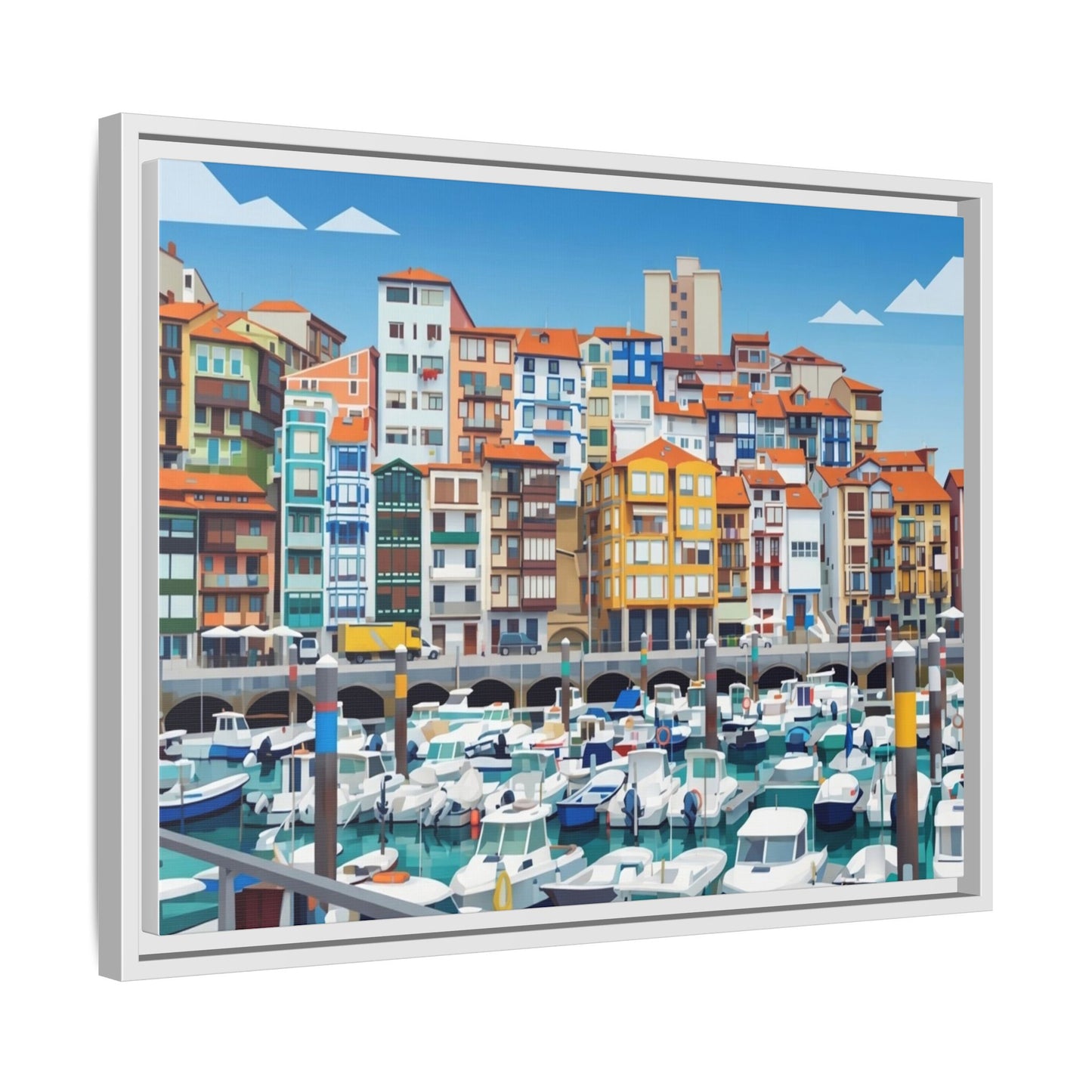 Framed Matte Canvas Print — Colorful Mediterranean Harbor Illustration