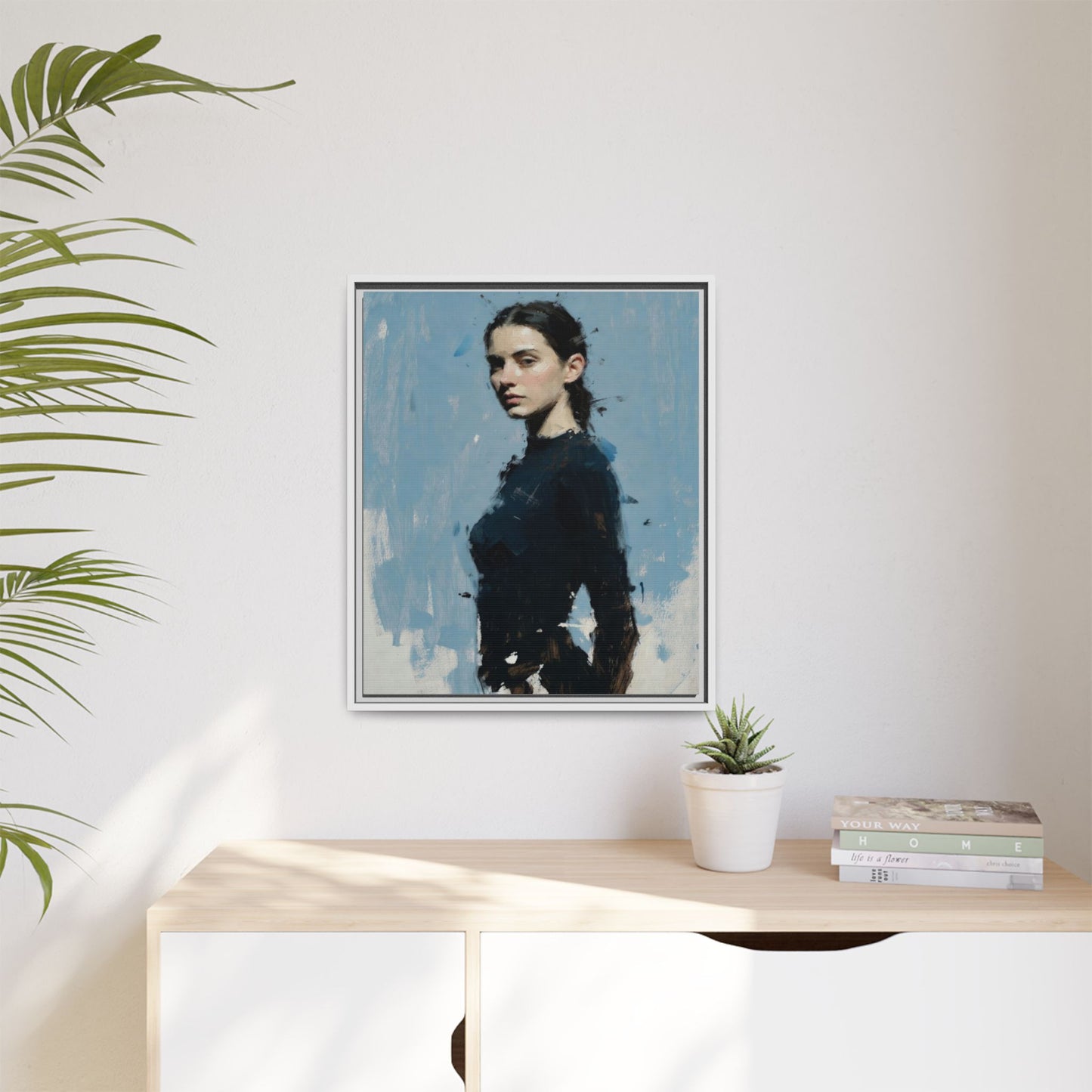 Framed Matte Canvas Portrait Print — Elegant Blue Woman Art