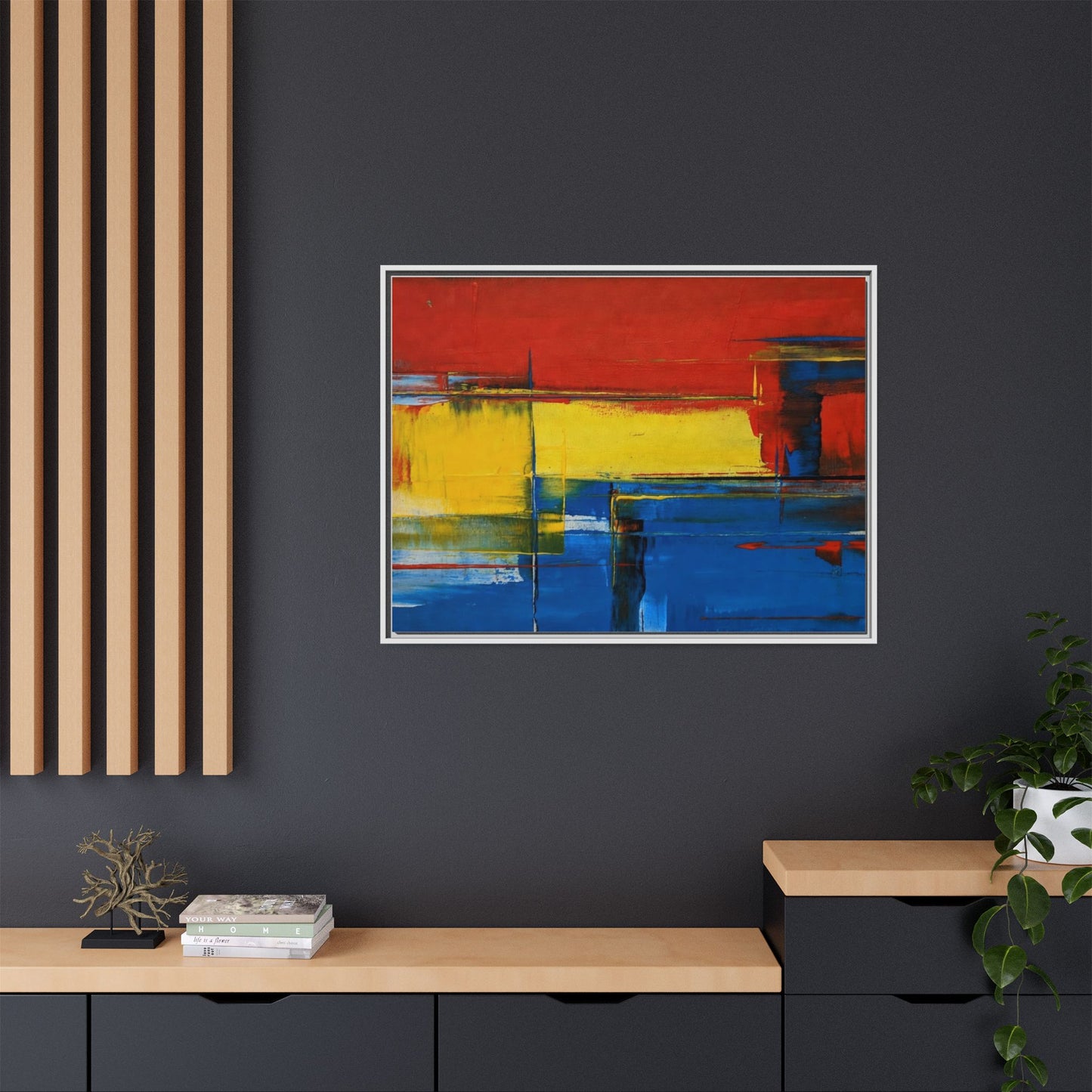 Abstract Color Block Matte Canvas Framed Wall Art — Modern Red Yellow Blue Painting