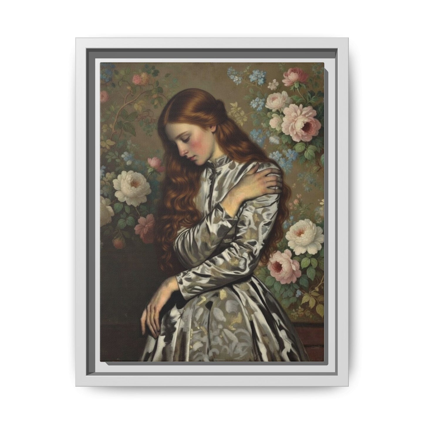 Framed Matte Canvas Art — Vintage Floral Portrait of a Young Woman