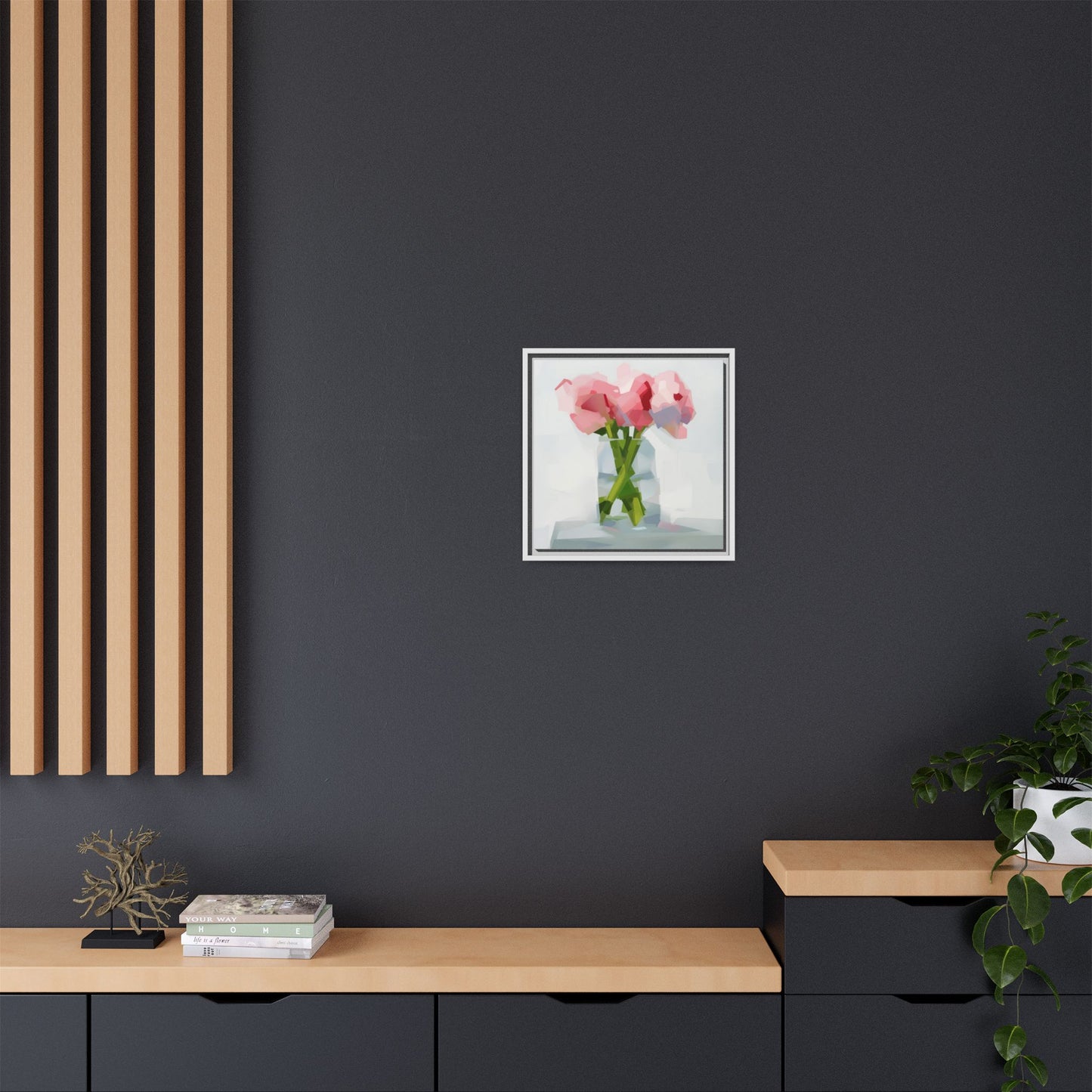 Framed Floral Canvas Art — Pink Peonies in Vase (Matte)