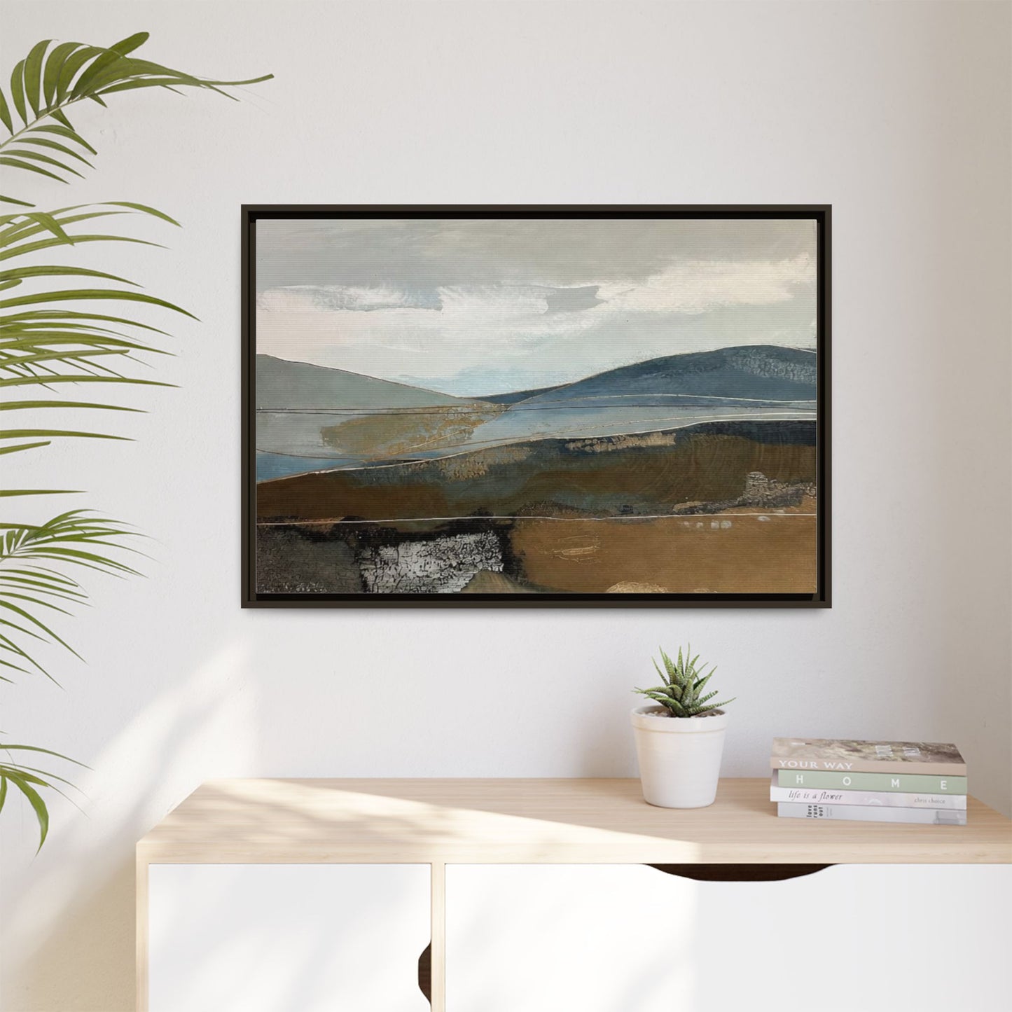Framed Matte Canvas Landscape Art - Serene Abstract Hills in Blue & Earth Tones