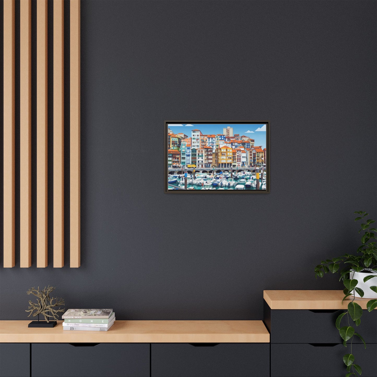 Framed Matte Canvas Print — Colorful Mediterranean Harbor Illustration