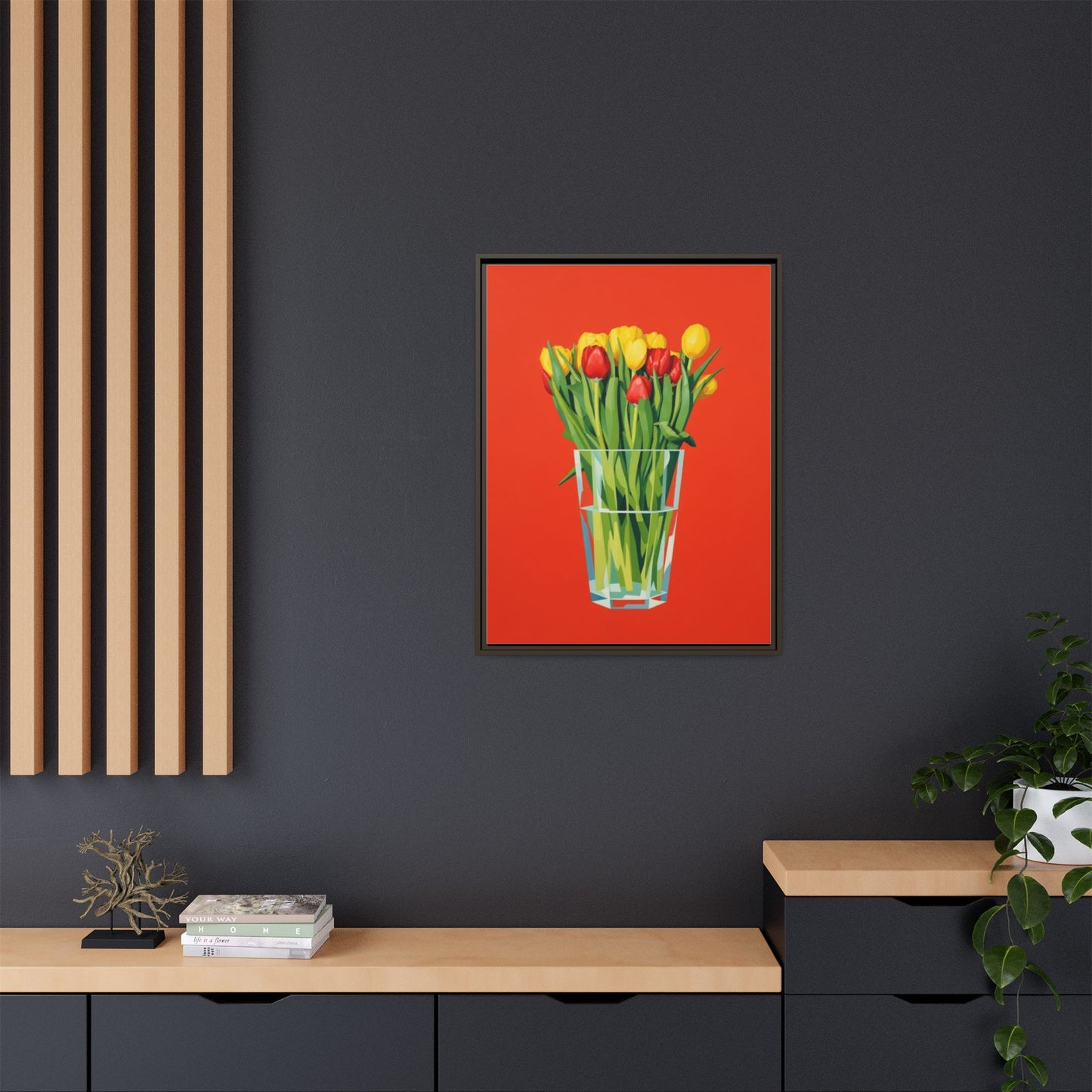 Framed Tulip Bouquet Matte Canvas Art — Vibrant Red Floral Wall Print