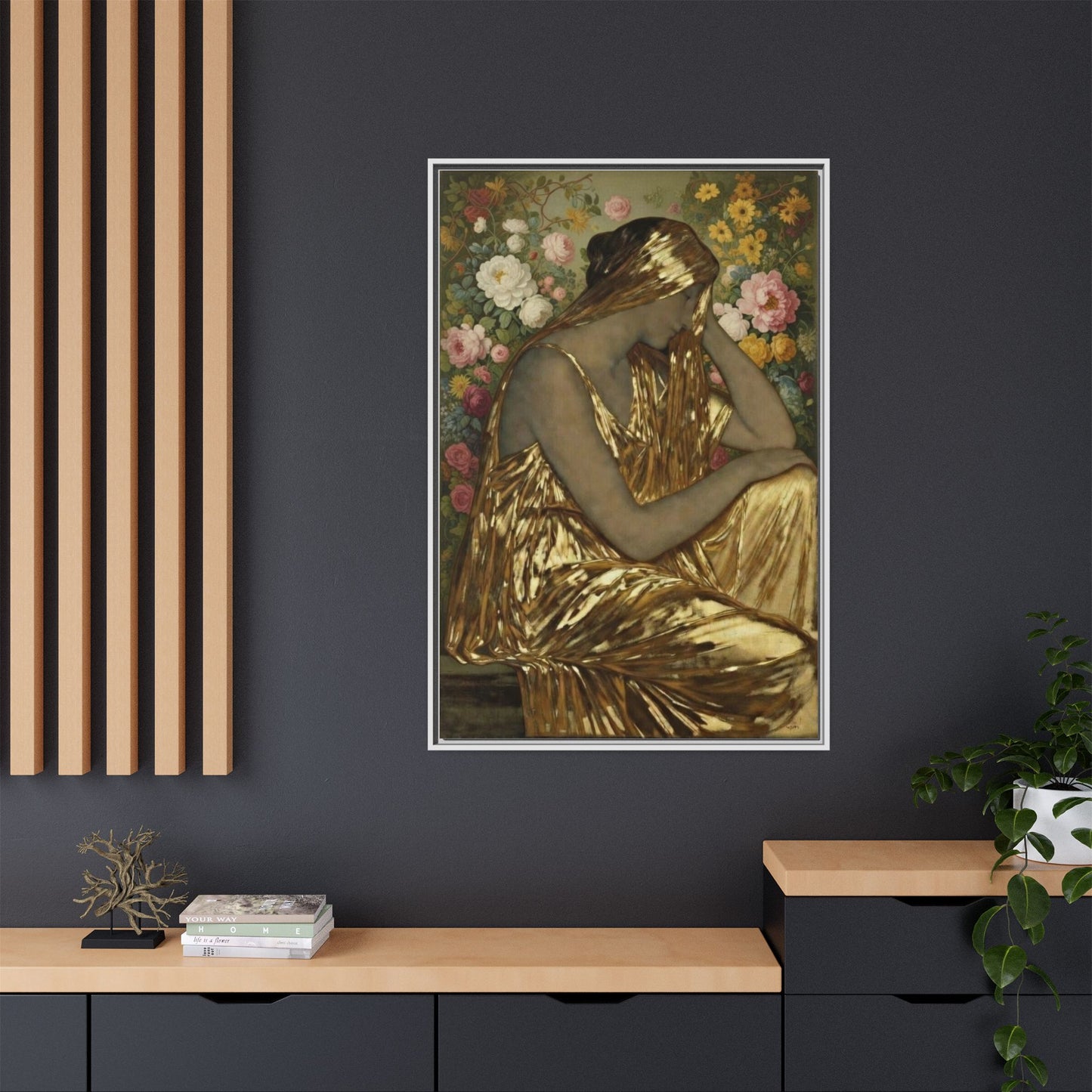 Framed Canvas Art Print — Golden Muse Woman with Floral Background