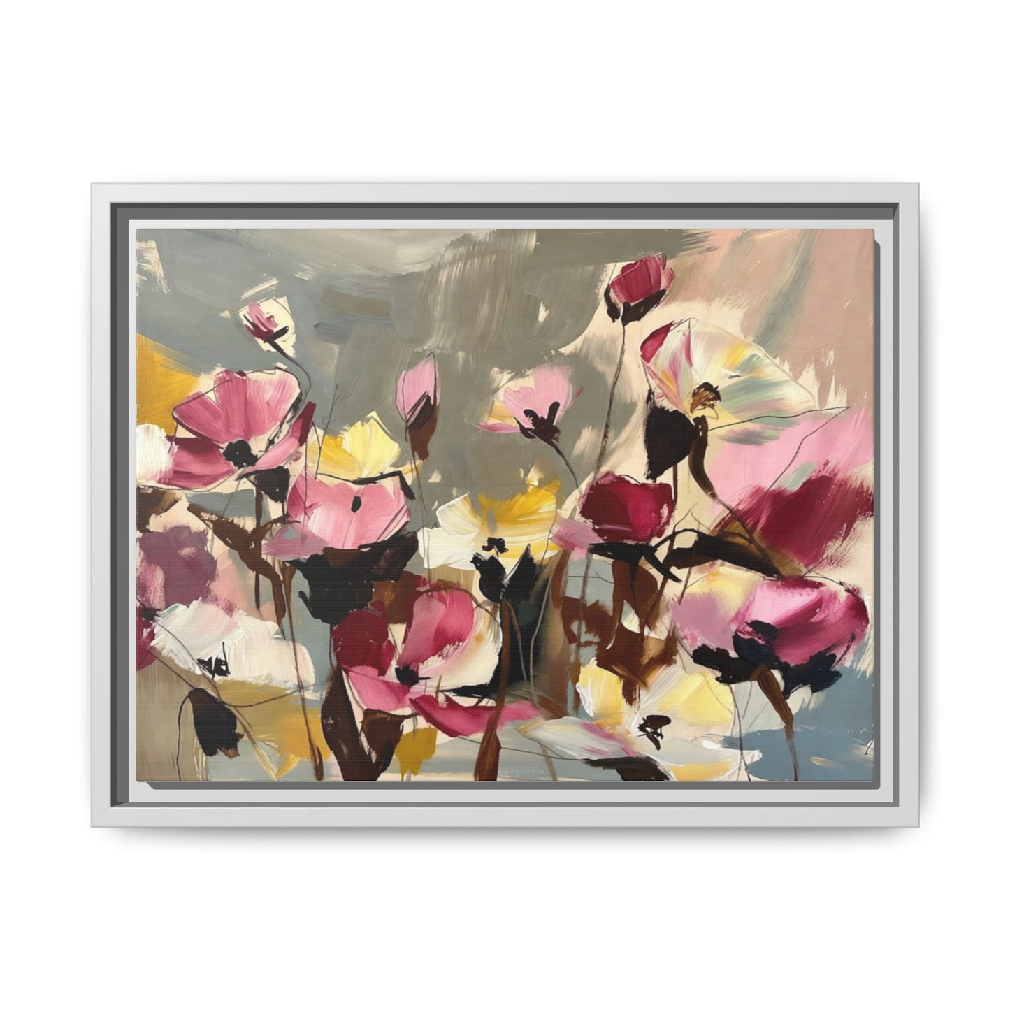 Framed Floral Canvas Wall Art — Abstract Pink & Yellow Flowers