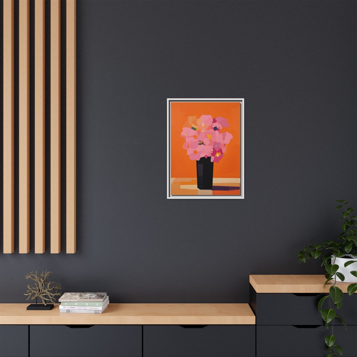 Framed Floral Canvas Art — Pink Bouquet on Orange Background