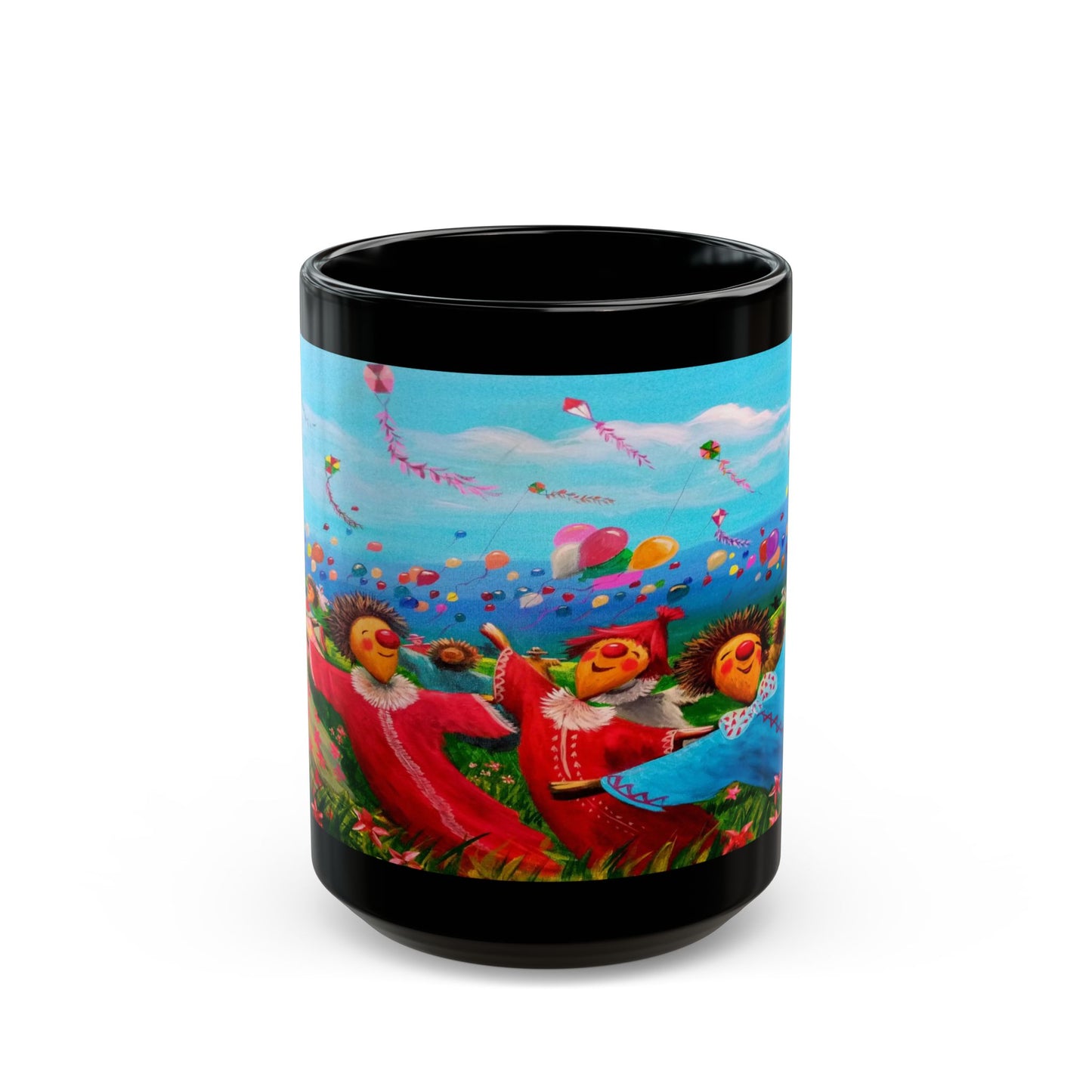 Black Ceramic Mug — Whimsical Kite Festival Art (11oz & 15oz)