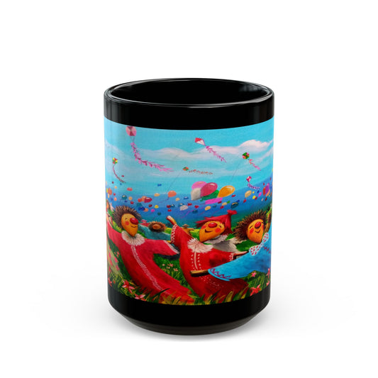 Black Ceramic Mug — Whimsical Kite Festival Art (11oz & 15oz)
