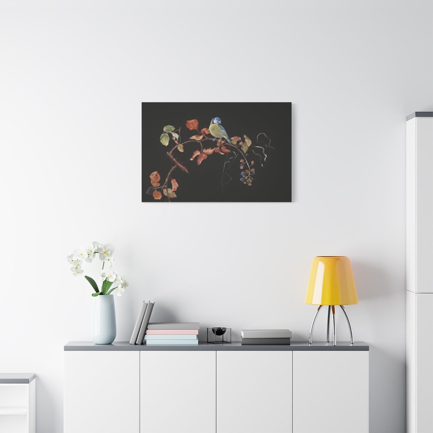 Canvas Wall Art - Blue Tit on Autumn Branch, Stretched Matte Canvas