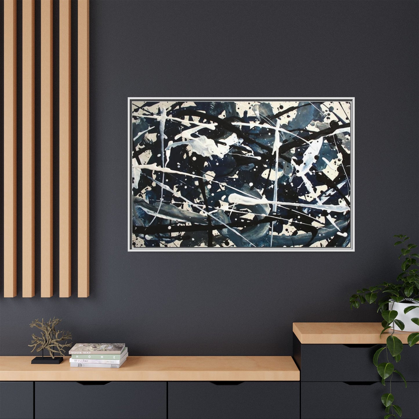 Abstract Splatter Matte Canvas Framed Wall Art — Black & Blue Modern Art Print