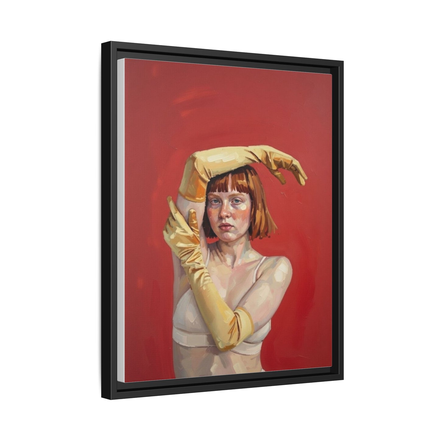 Framed Matte Canvas Art - Portrait of Woman in Yellow Gloves (Red Background)