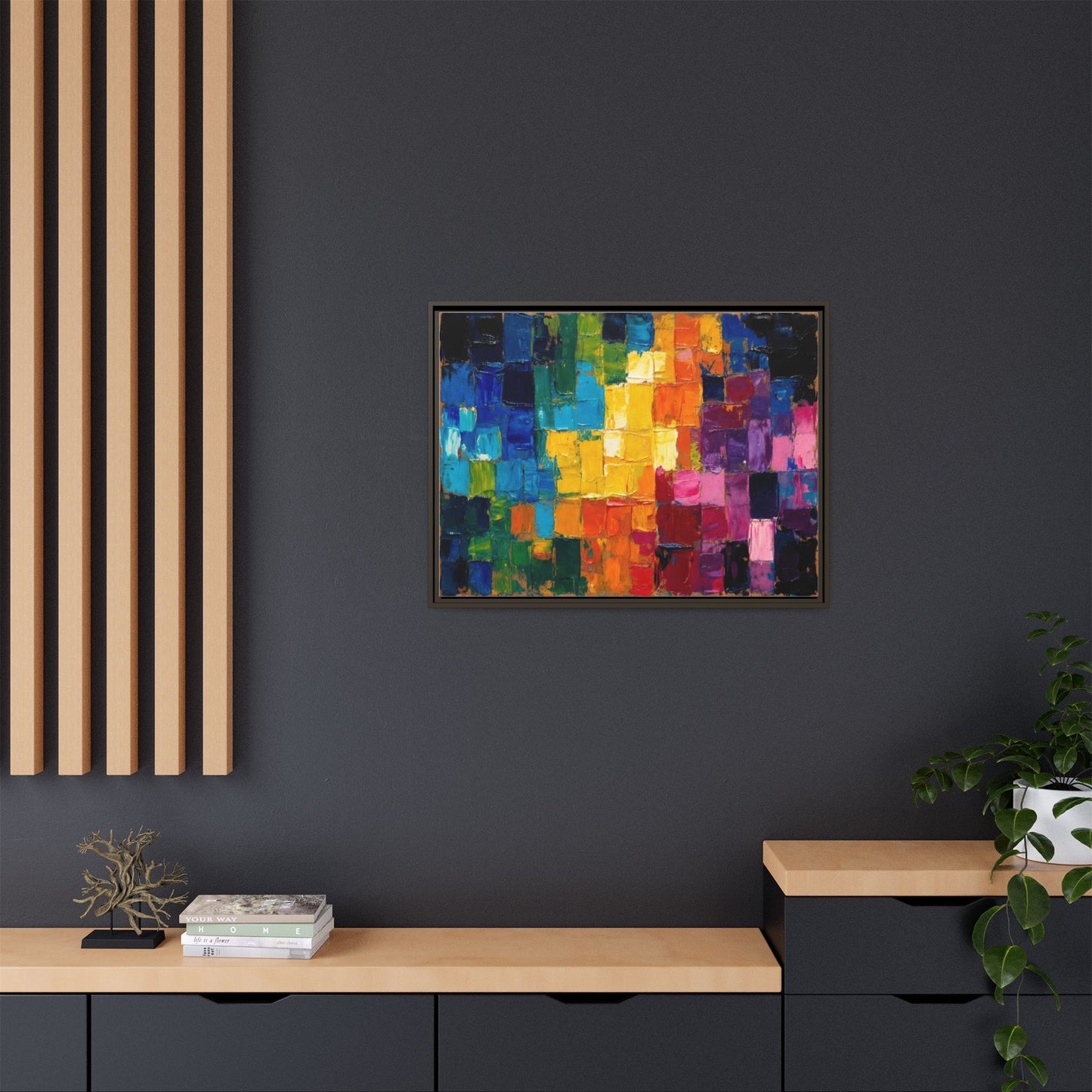 Abstract Rainbow Mosaic Framed Canvas Print — Colorful Modern Wall Art