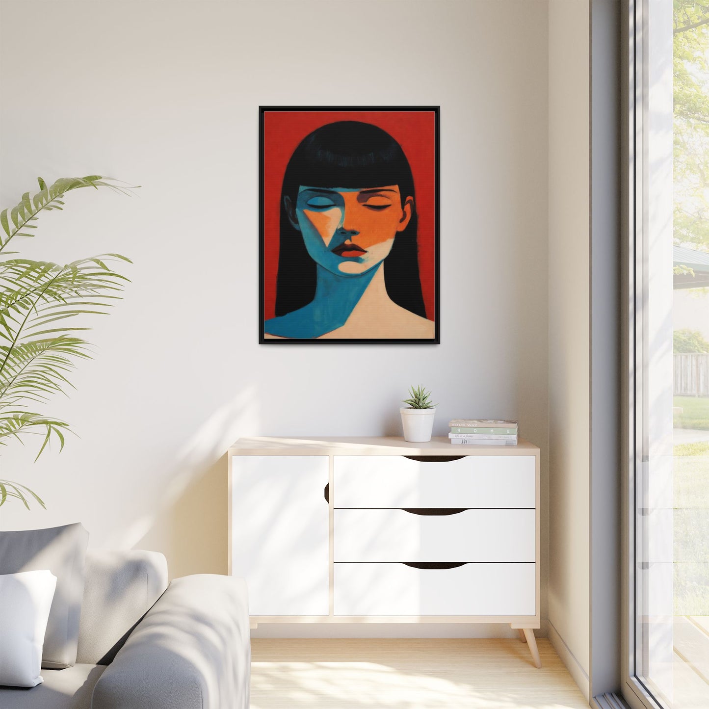 Framed Matte Canvas Art – Minimalist Portrait in Red & Teal