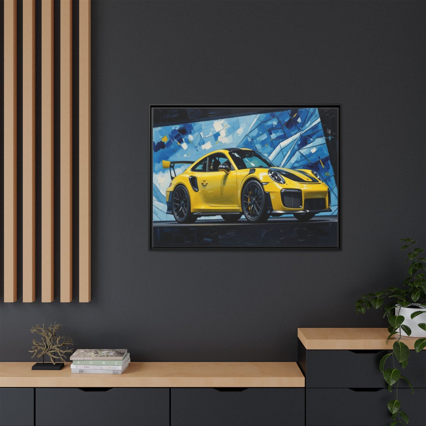 Yellow Porsche Sports Car Matte Framed Canvas – Modern Automotive Wall Art