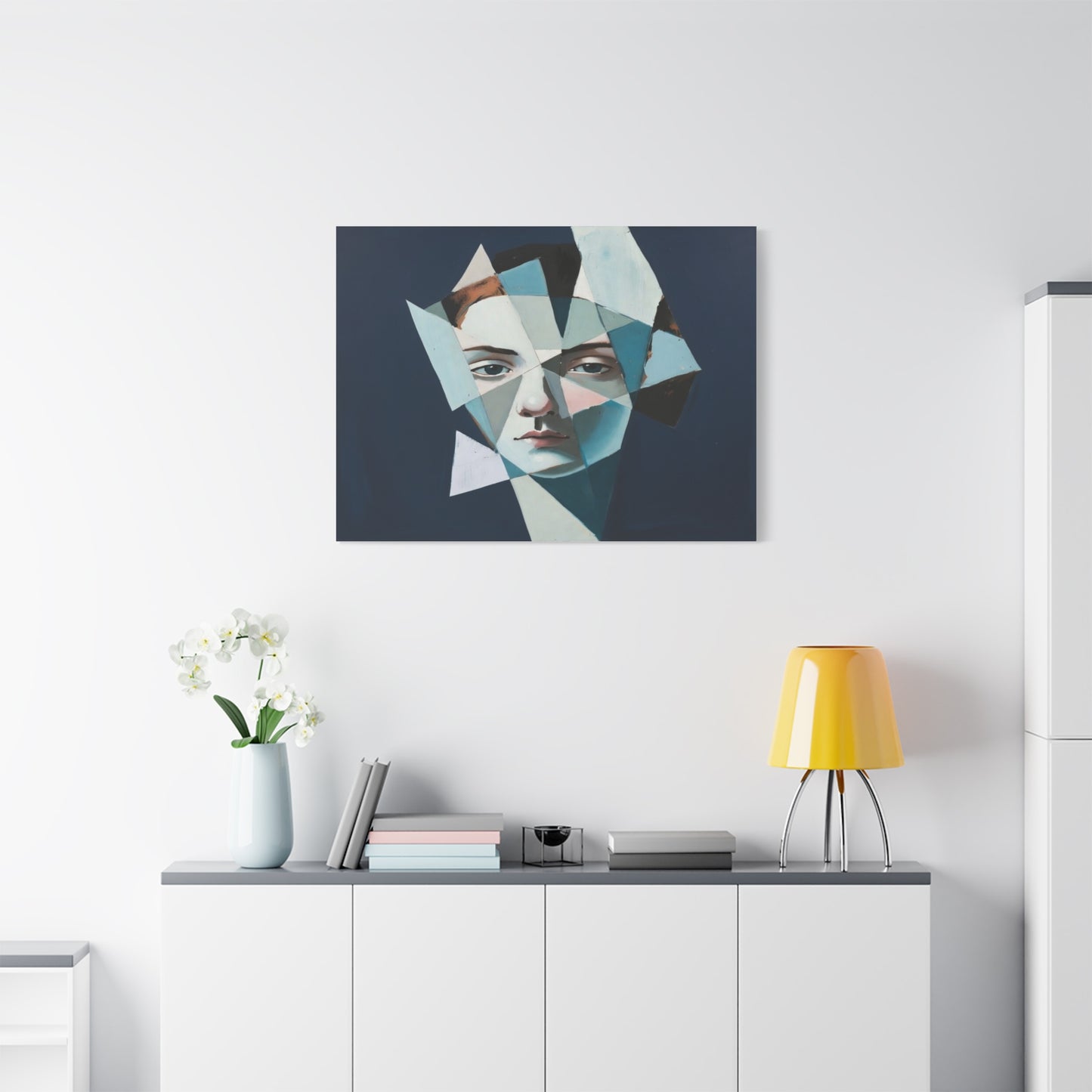 Fragmented Portrait Matte Canvas Art – Blue Abstract Face Wall Decor