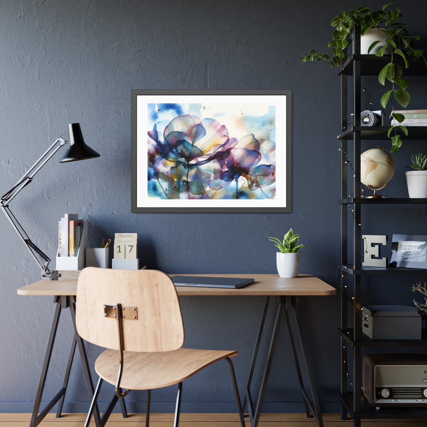 Abstract Blue Floral Framed Poster — Watercolor Flower Art Print