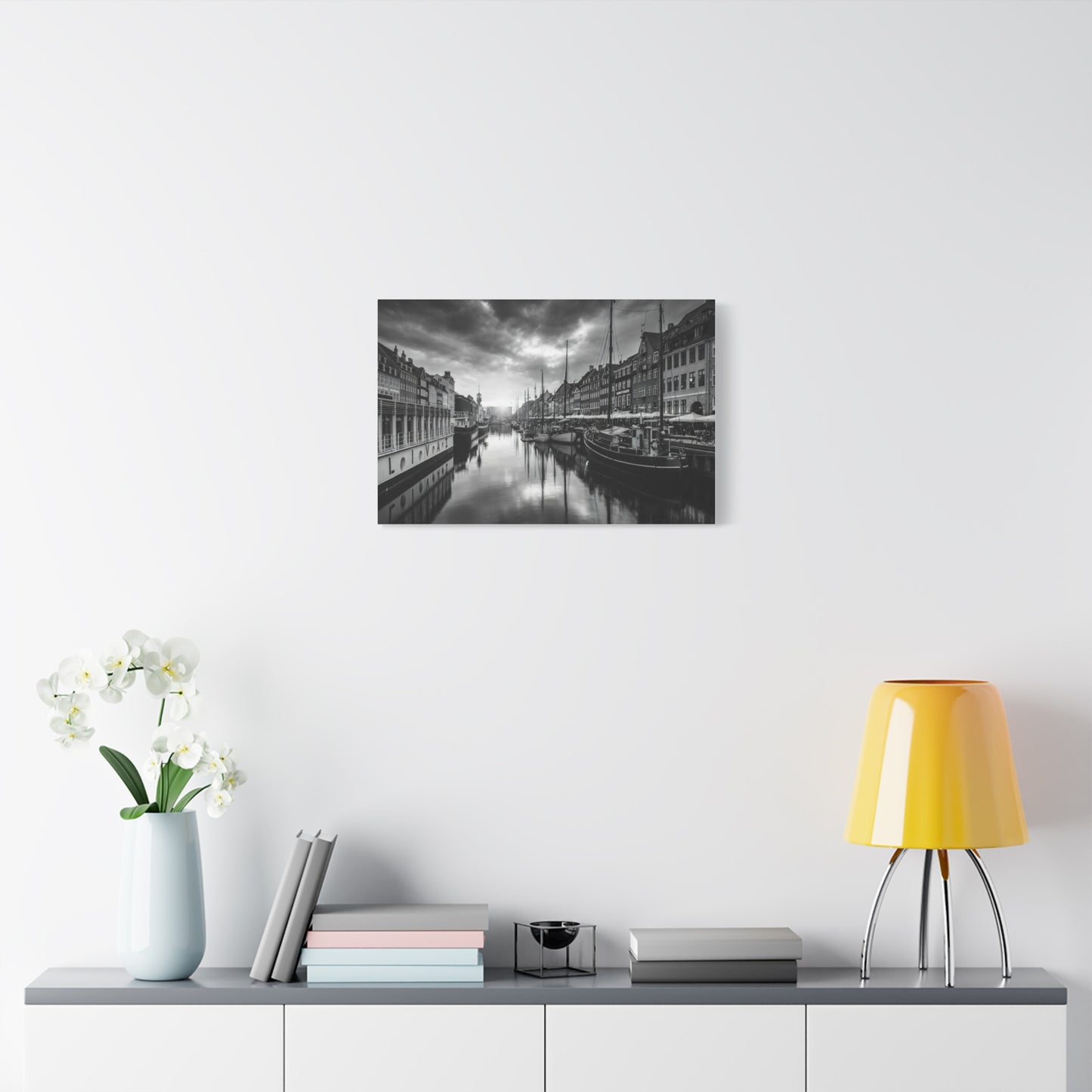 Black & White Harbor Canvas Print — Dramatic Copenhagen Cityscape Wall Art